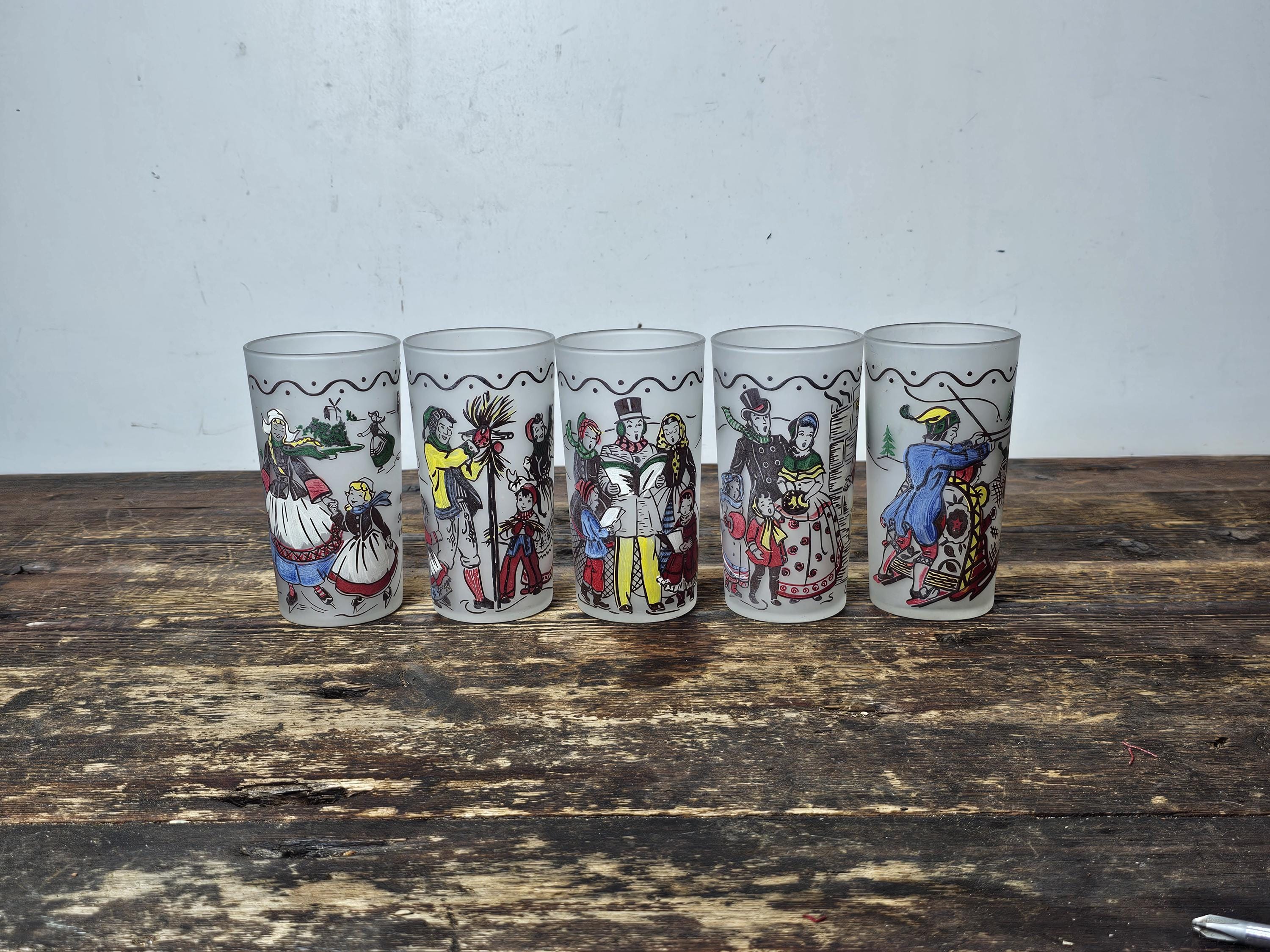 Set of 5 Vintage Frosted Barware Tumblers World Christmas Traditions
