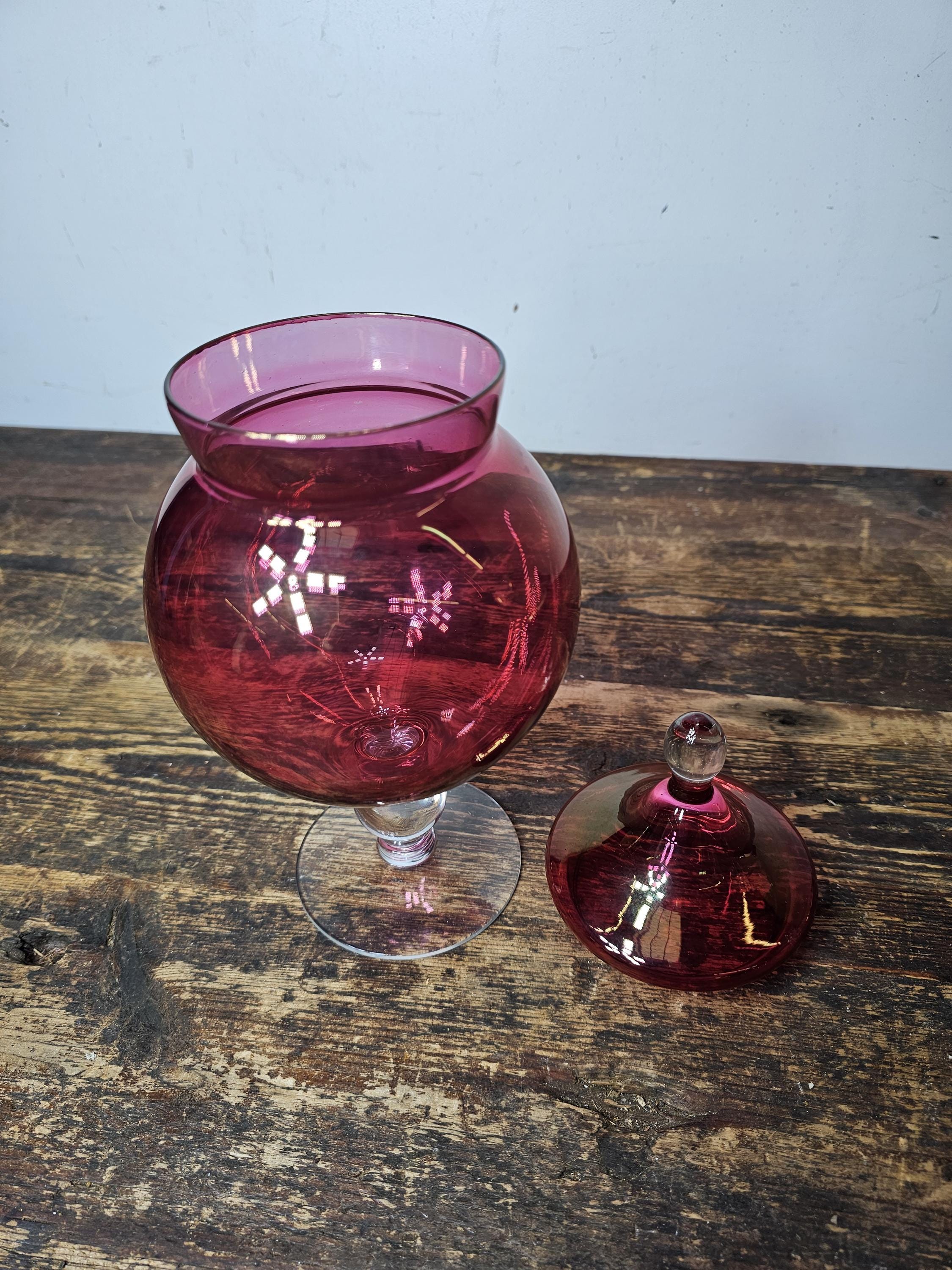 Vintage Ruby Red Apothecary Candy Jar Clear Foot
