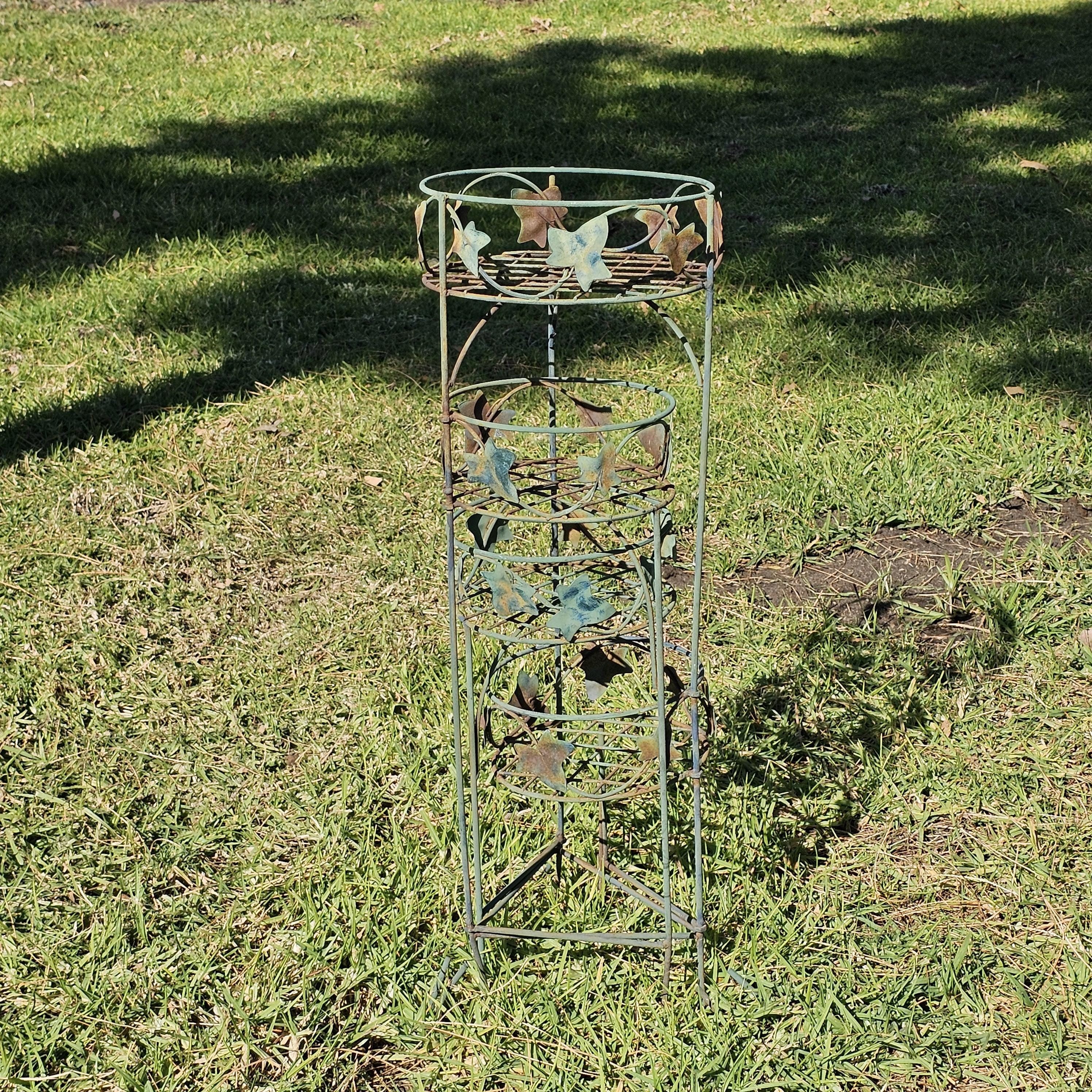 Vintage Rusty 4 Pot Plant Stand With Leaves Weathered 28"H