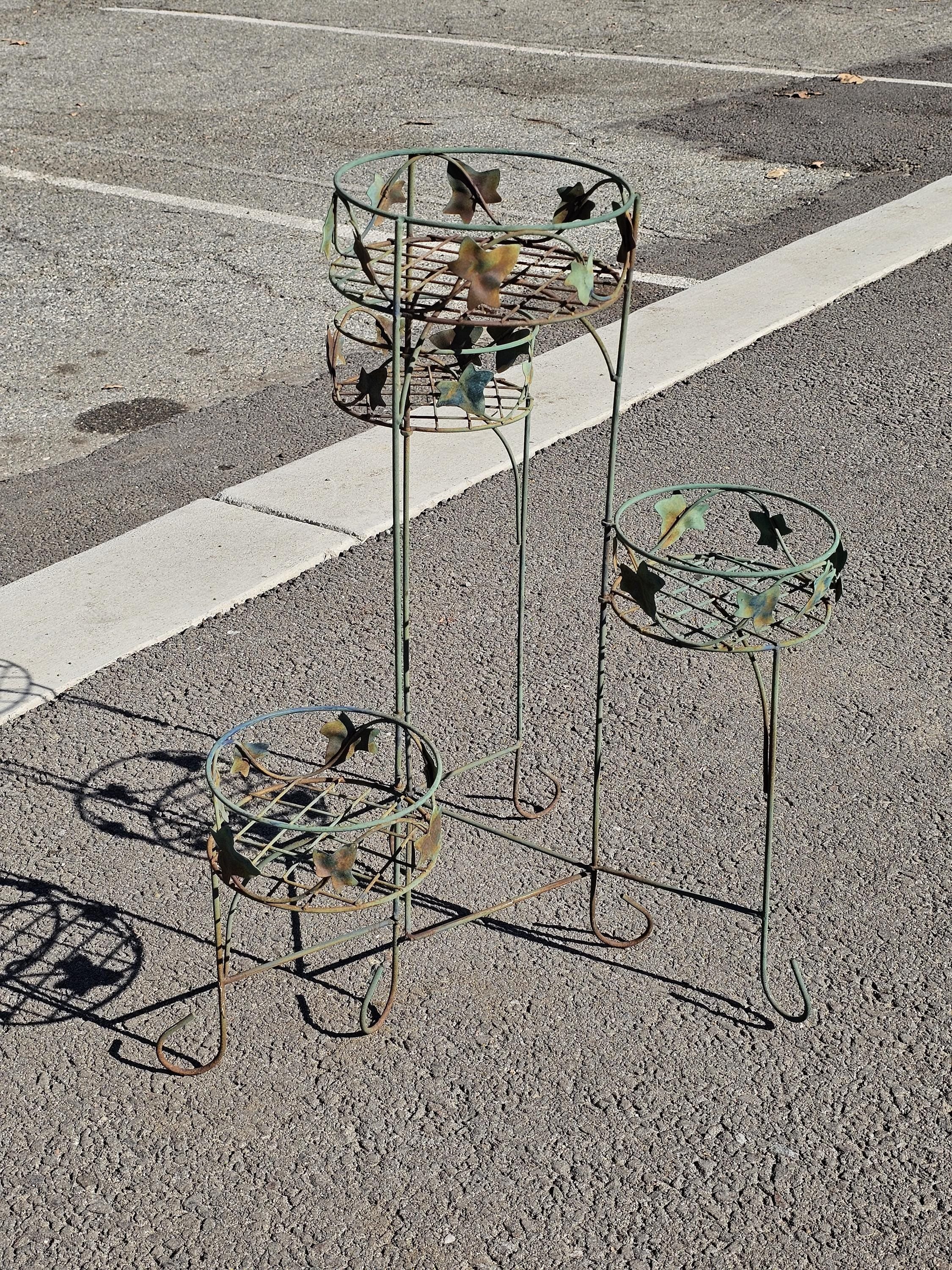 Vintage Rusty 4 Pot Plant Stand With Leaves Weathered 28"H