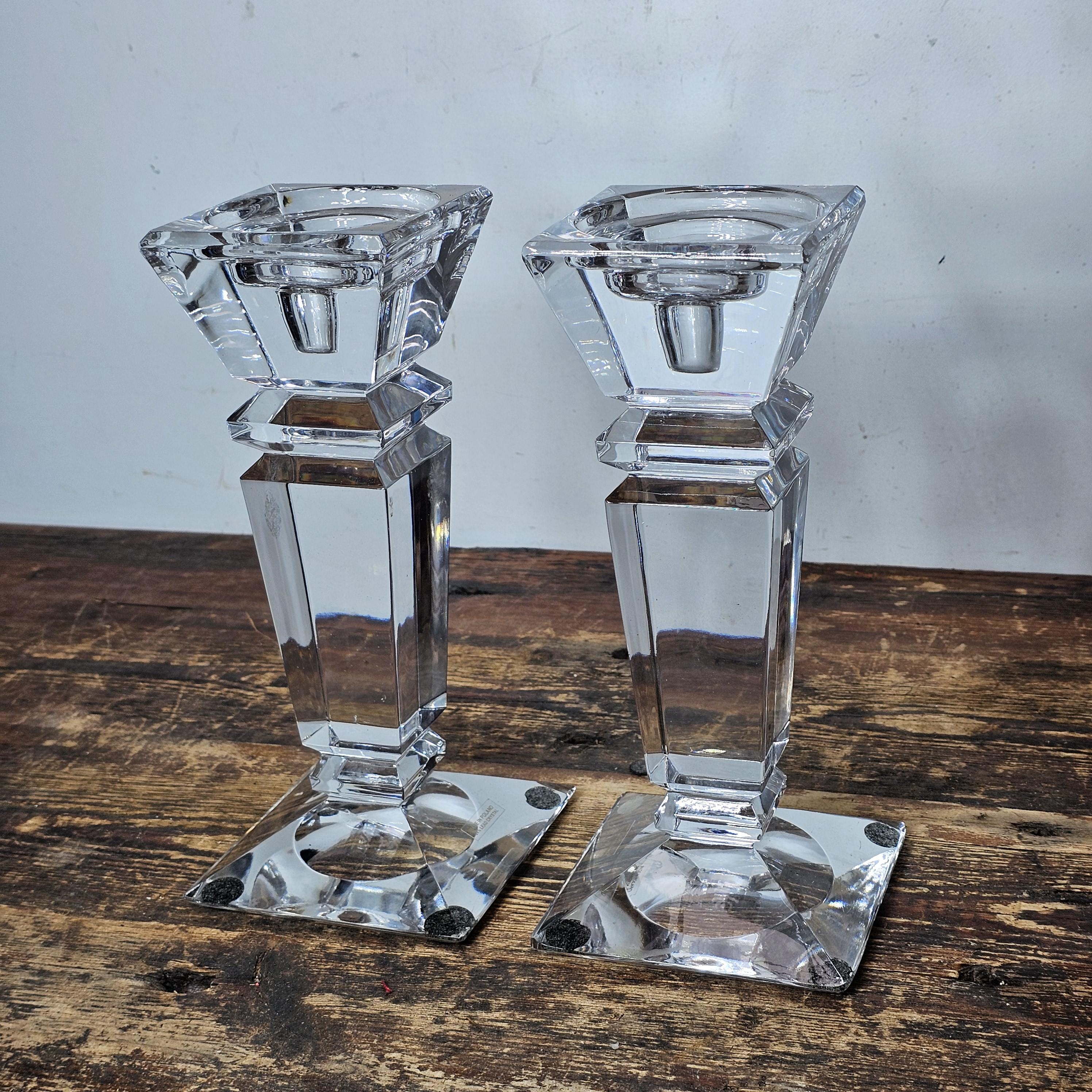 24% Lead Crystal Pedestal Base Taper Candle Stick Holder Made In Poland Set of 2