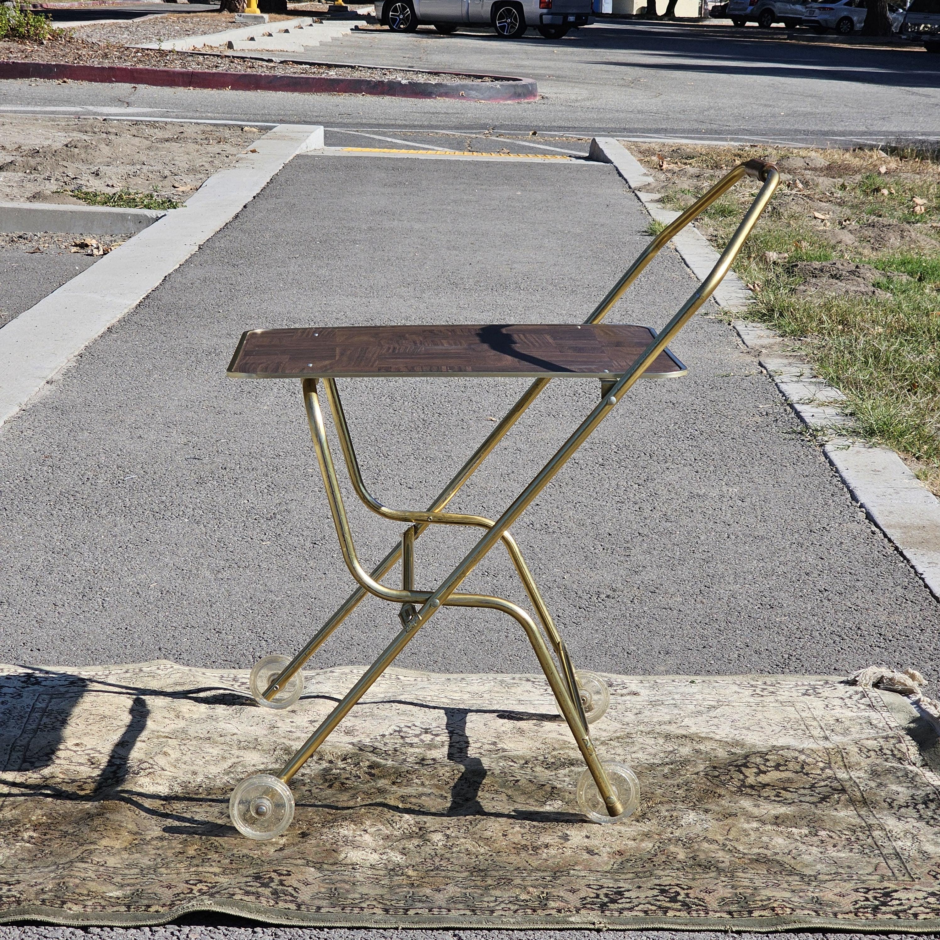 Vintage Mid Century Folding Rolling Bar Serving Cart With Wood Handle