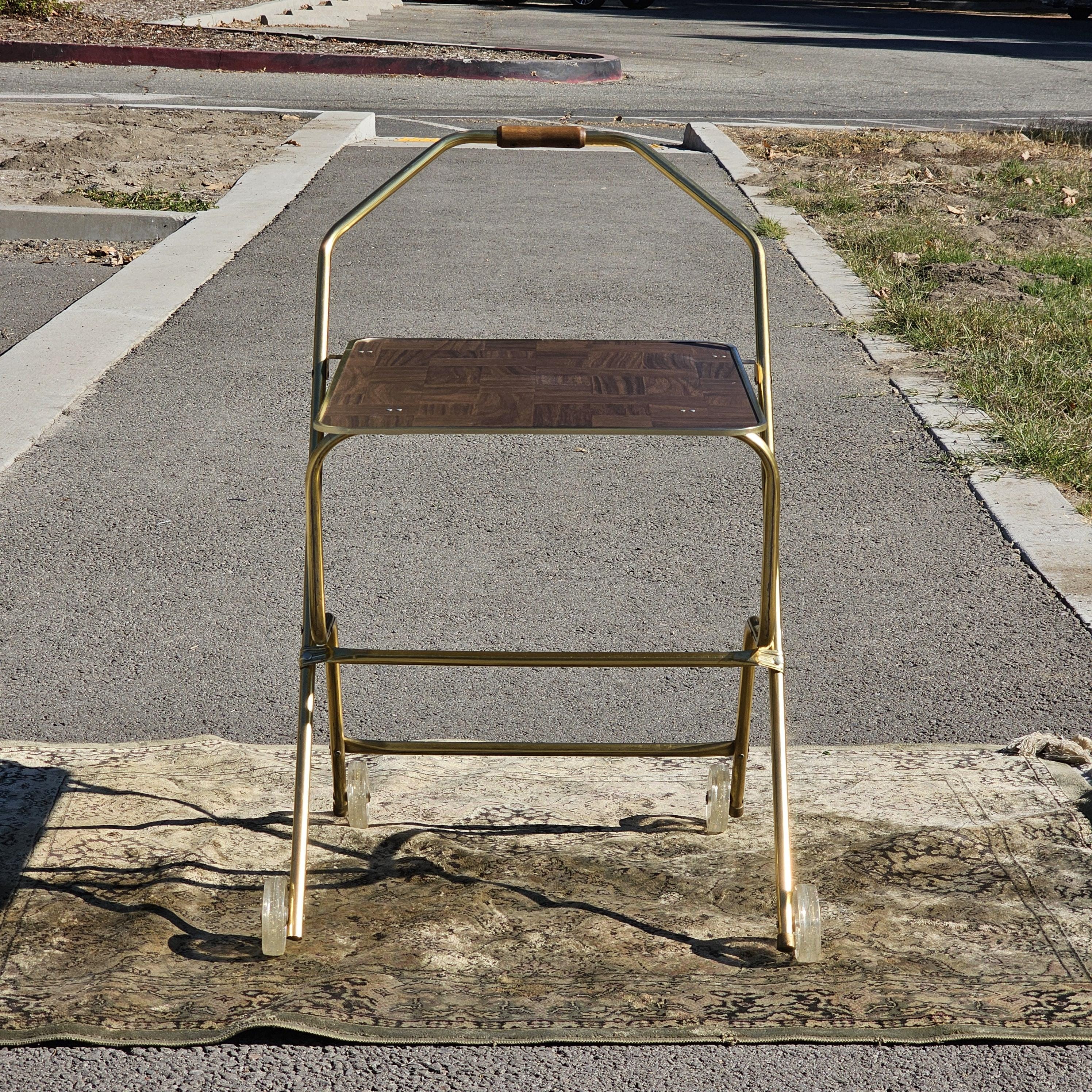 Vintage Mid Century Folding Rolling Bar Serving Cart With Wood Handle