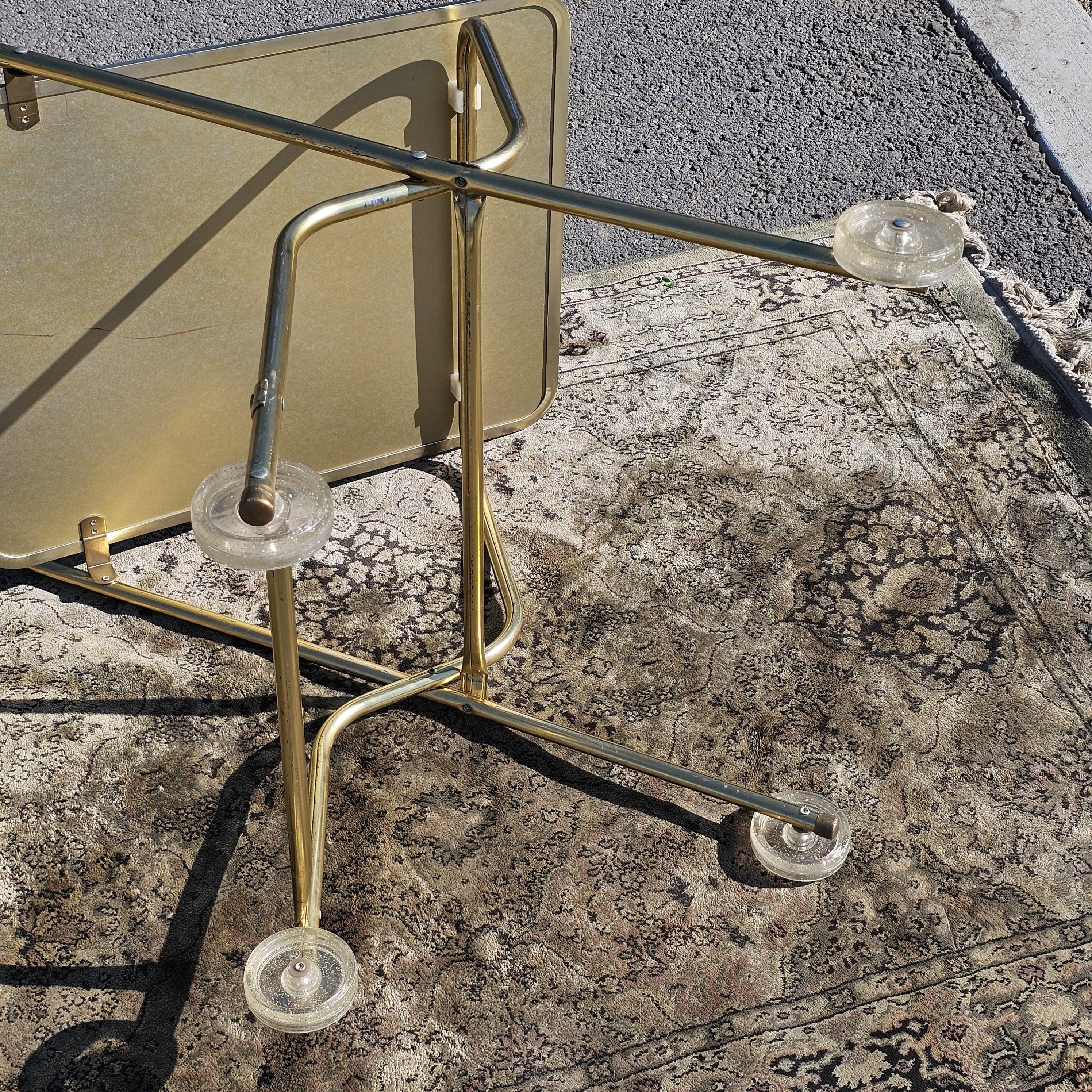 Vintage Mid Century Folding Rolling Bar Serving Cart With Wood Handle