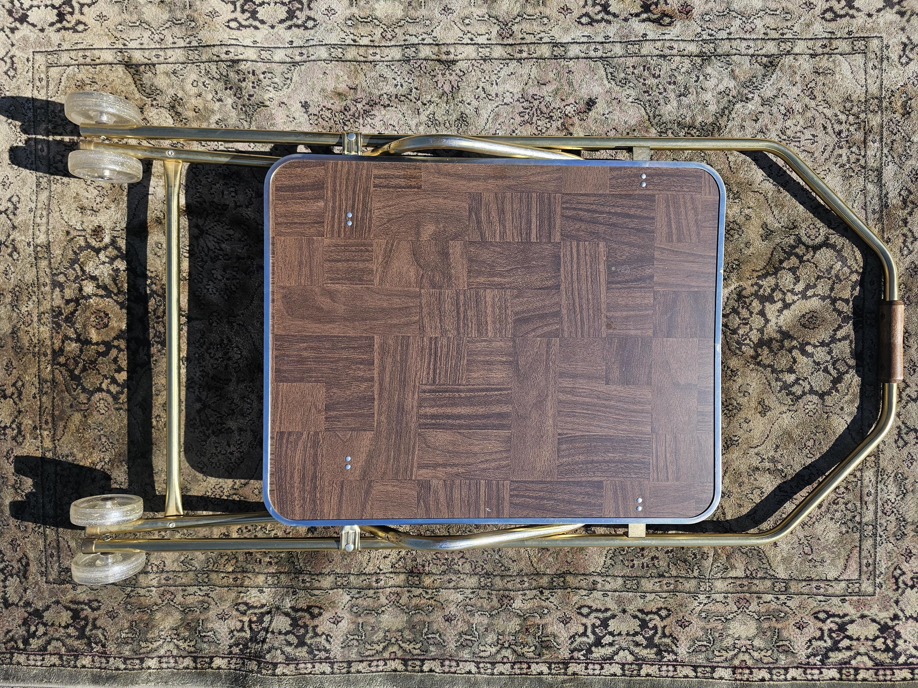 Vintage Mid Century Folding Rolling Bar Serving Cart With Wood Handle