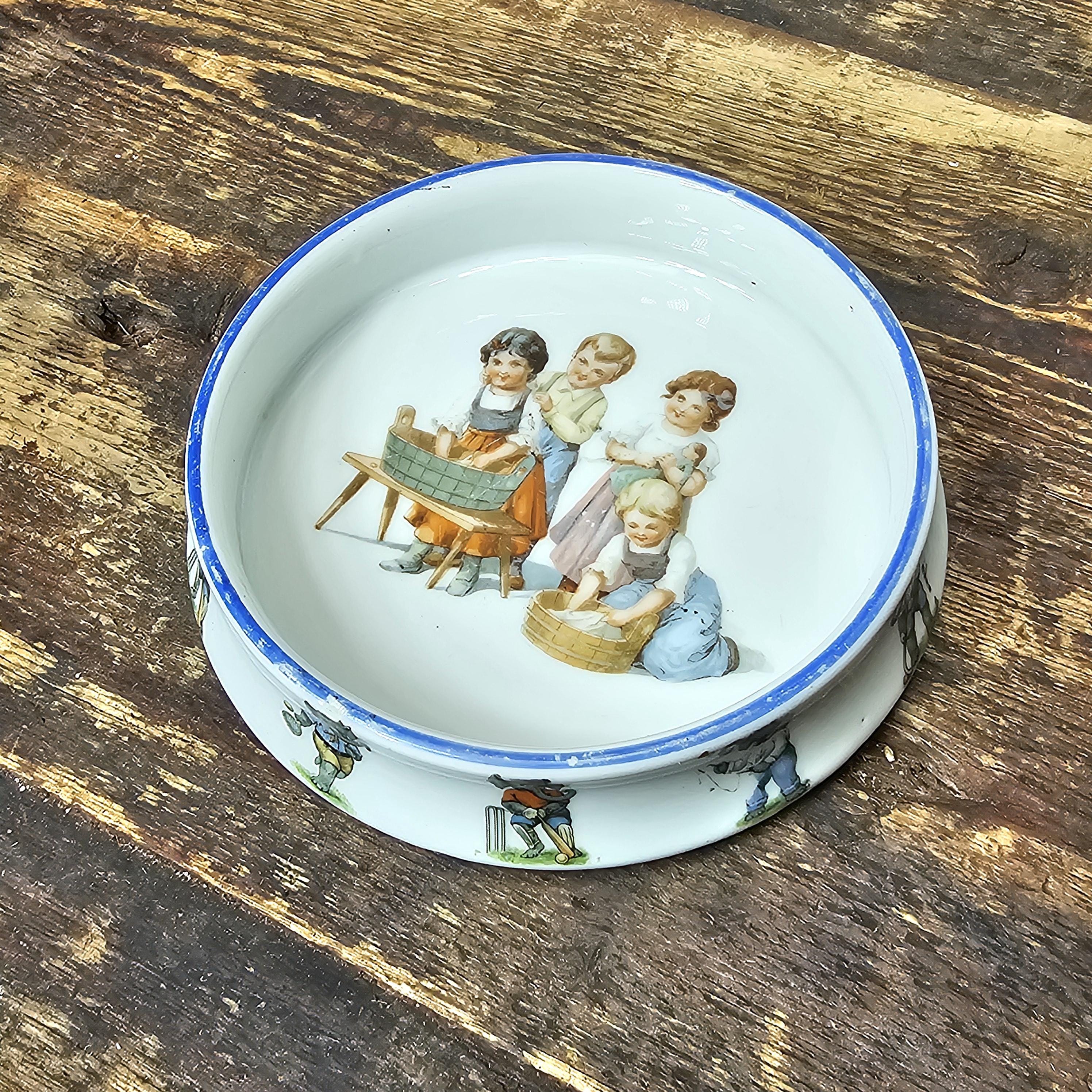 Antique German Porcelain Toddler Bowl Dish Pet Bowl Washday Theme
