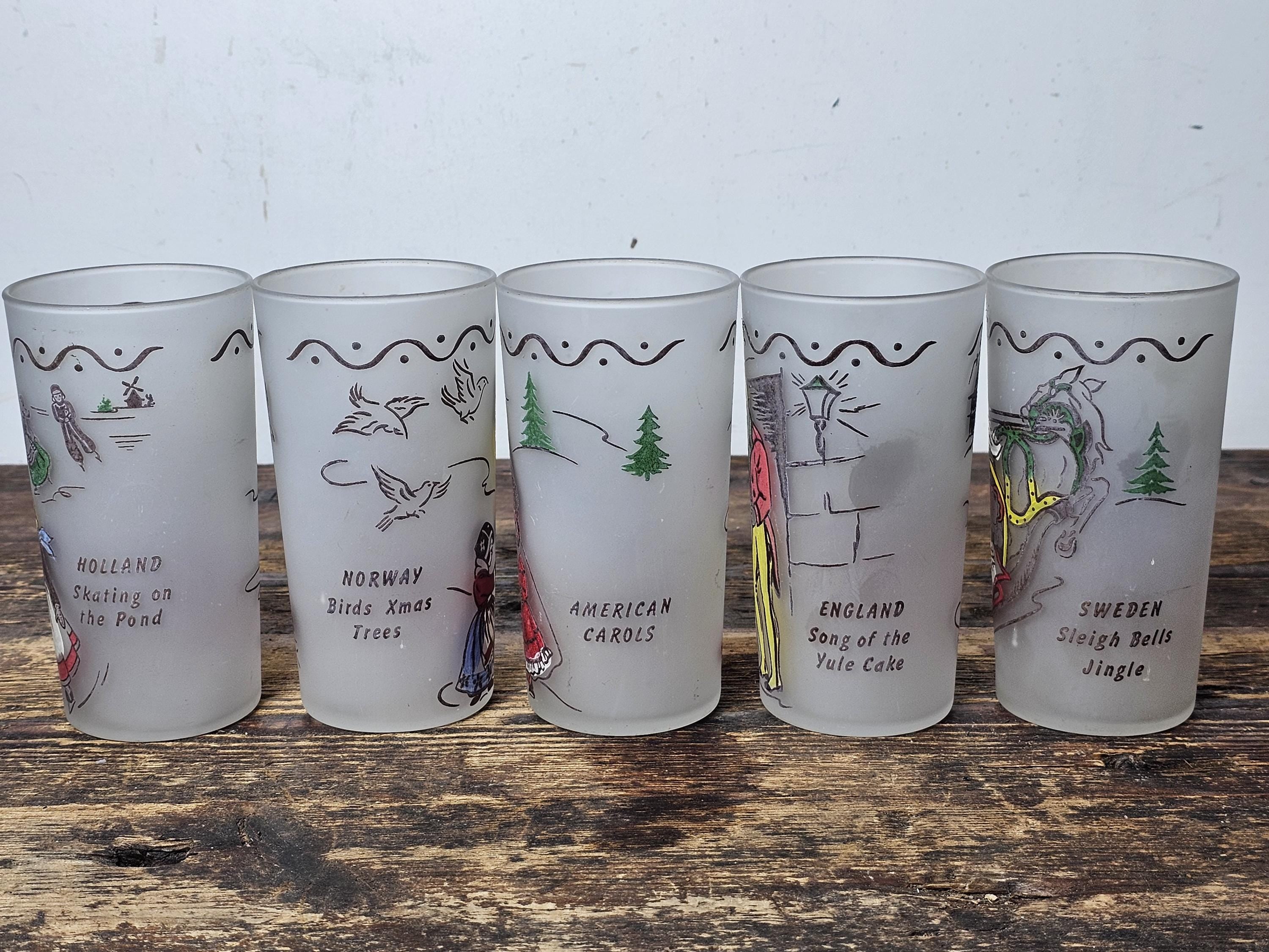 Set of 5 Vintage Frosted Barware Tumblers World Christmas Traditions