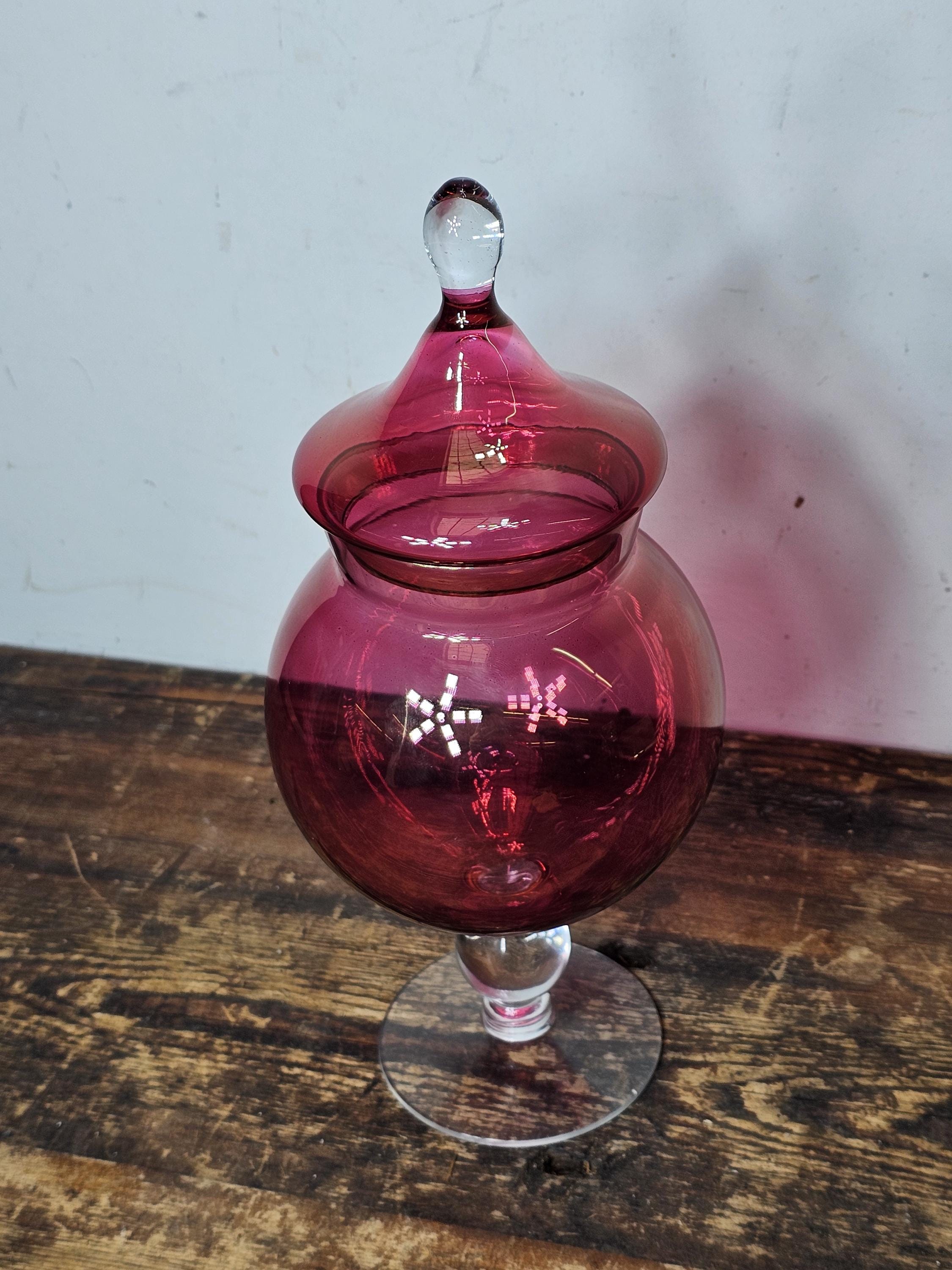 Vintage Ruby Red Apothecary Candy Jar Clear Foot