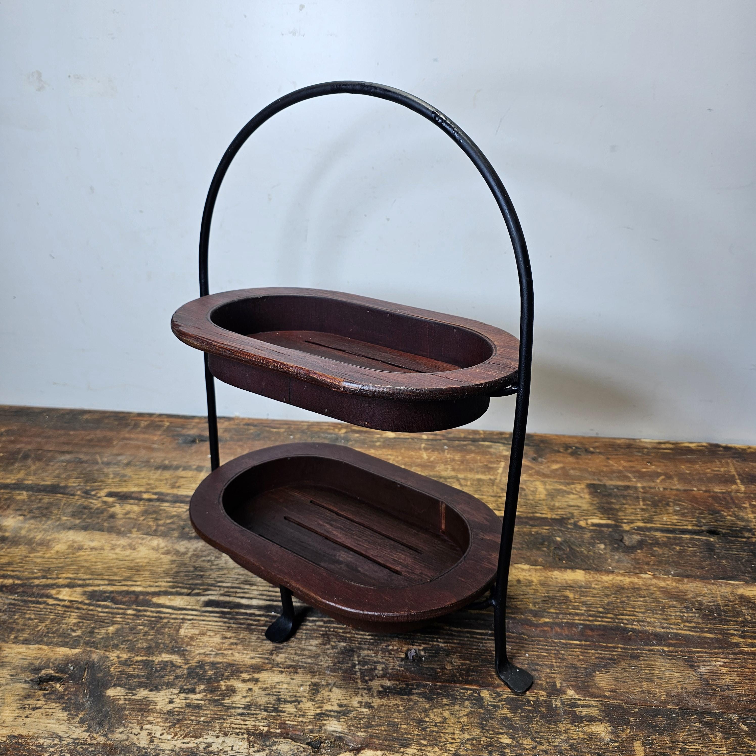 Vintage Black Metal & Wood Tray Two Tier Plant Stand Planter Made In Mexico