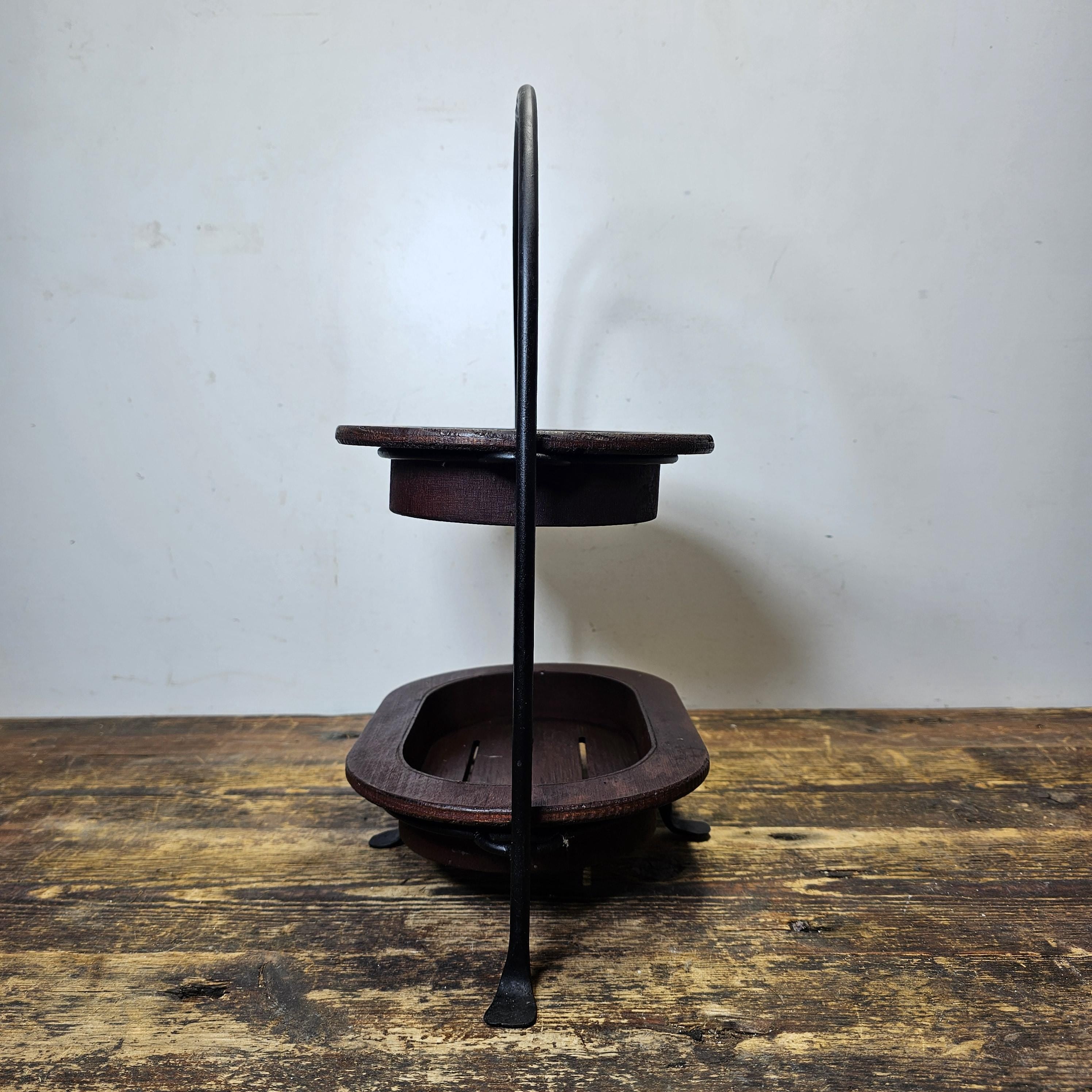 Vintage Black Metal & Wood Tray Two Tier Plant Stand Planter Made In Mexico