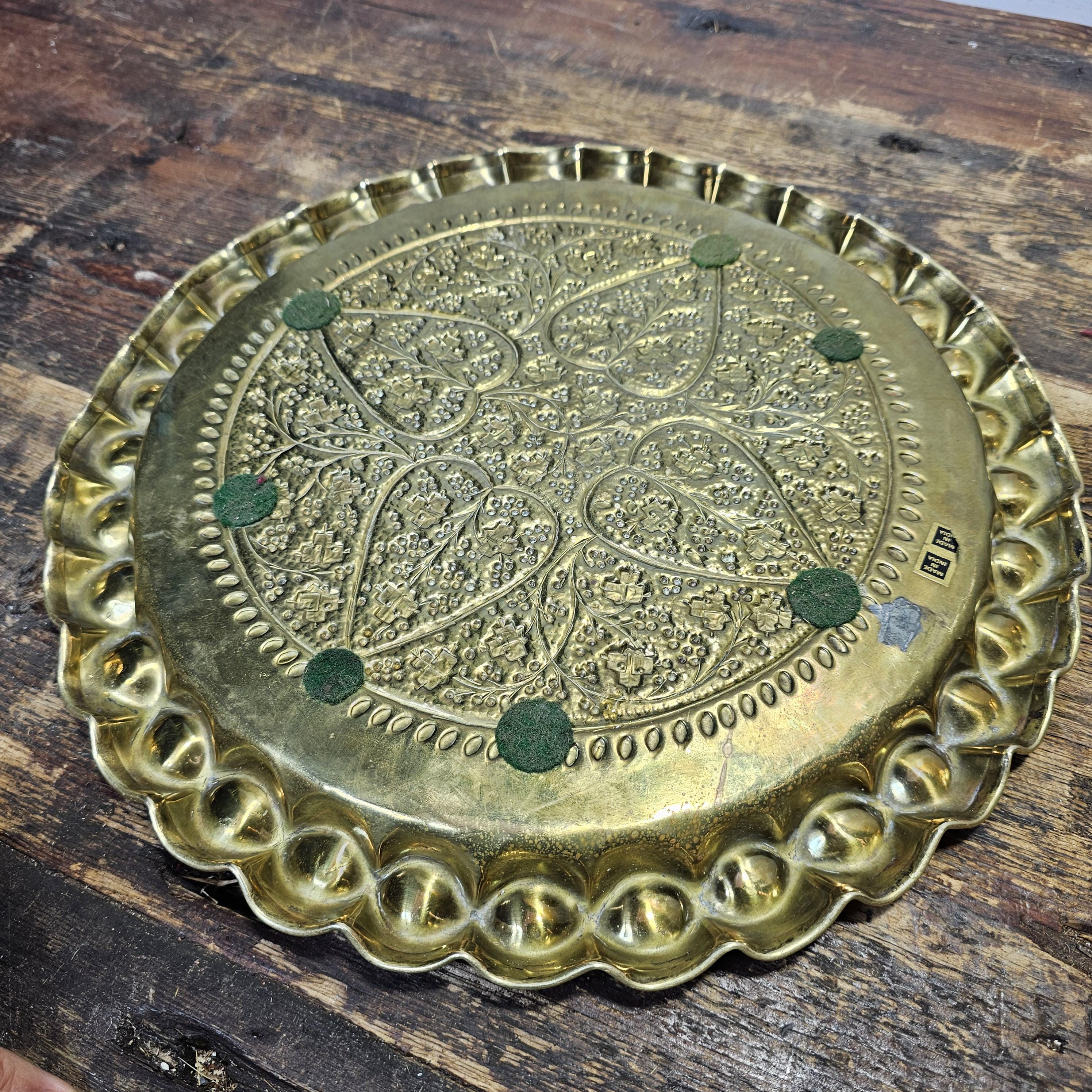 Moroccan Hammered Embossed & Engraved Brass Tray Platter 12.5'' Round