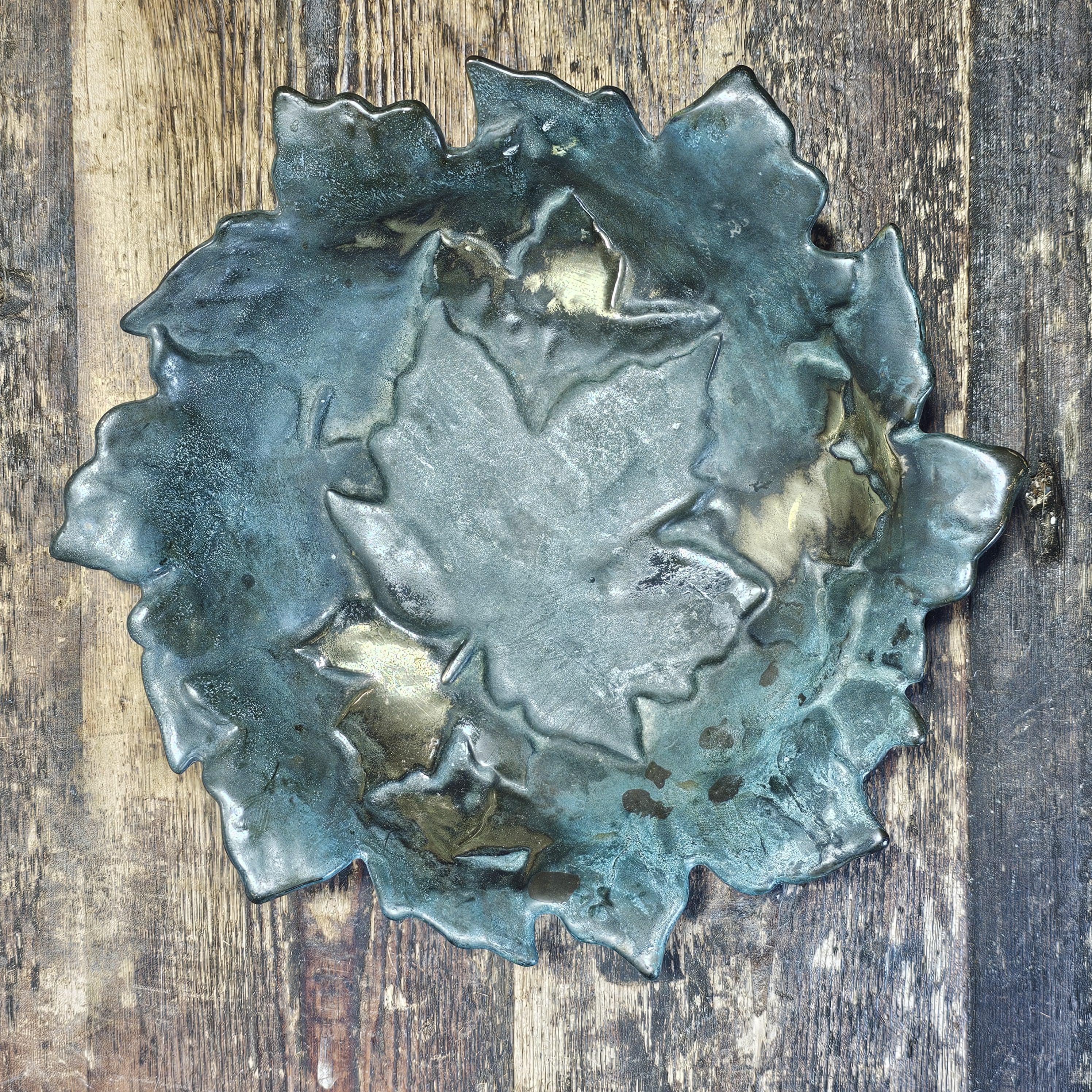 Vintage Italian Solid Brass Maple Leaf Design Decorative Bowl Plate Patina