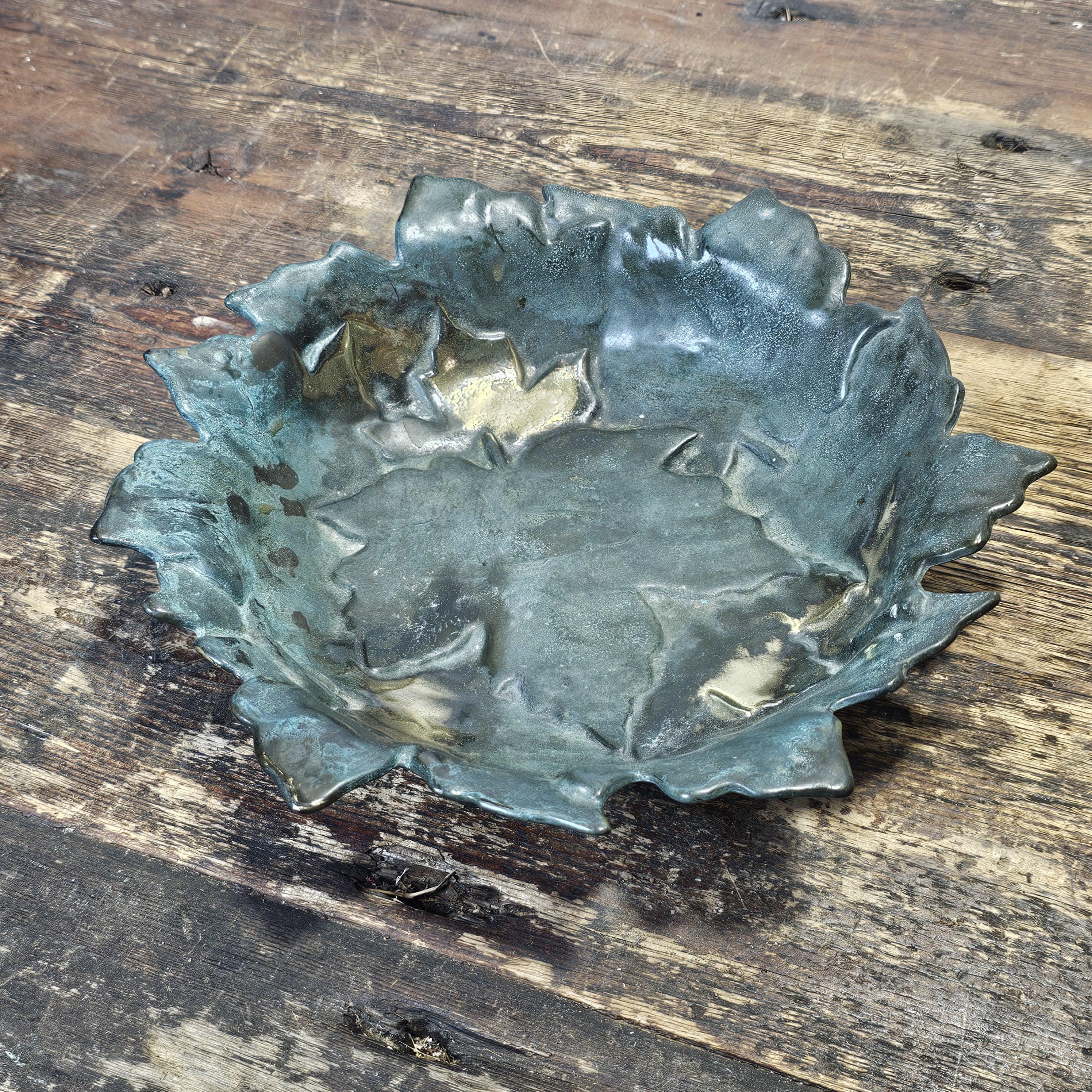 Vintage Italian Solid Brass Maple Leaf Design Decorative Bowl Plate Patina