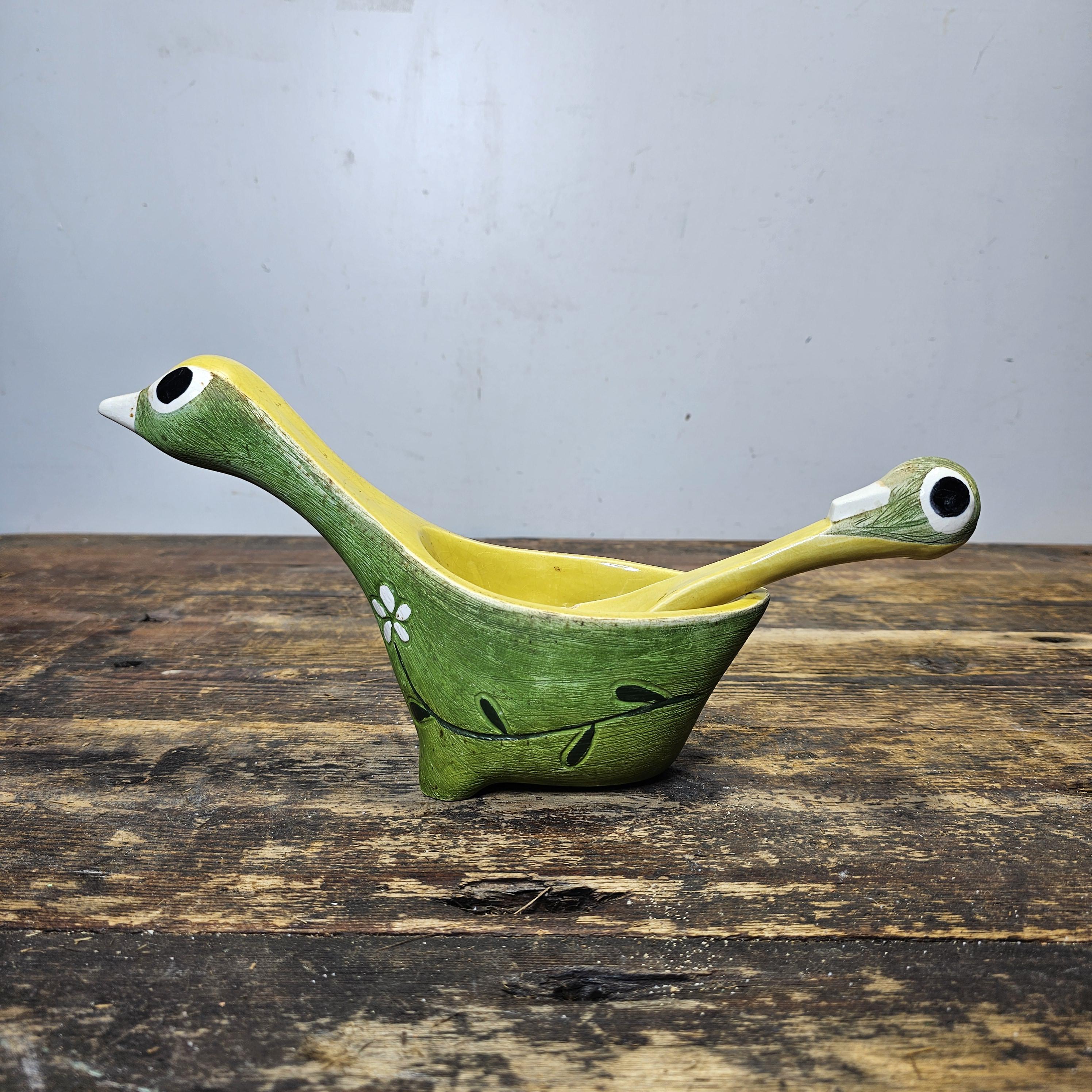 Brayton Laguna Pottery Floral Bird Decorative Guacamole Bowl and Spoon Set