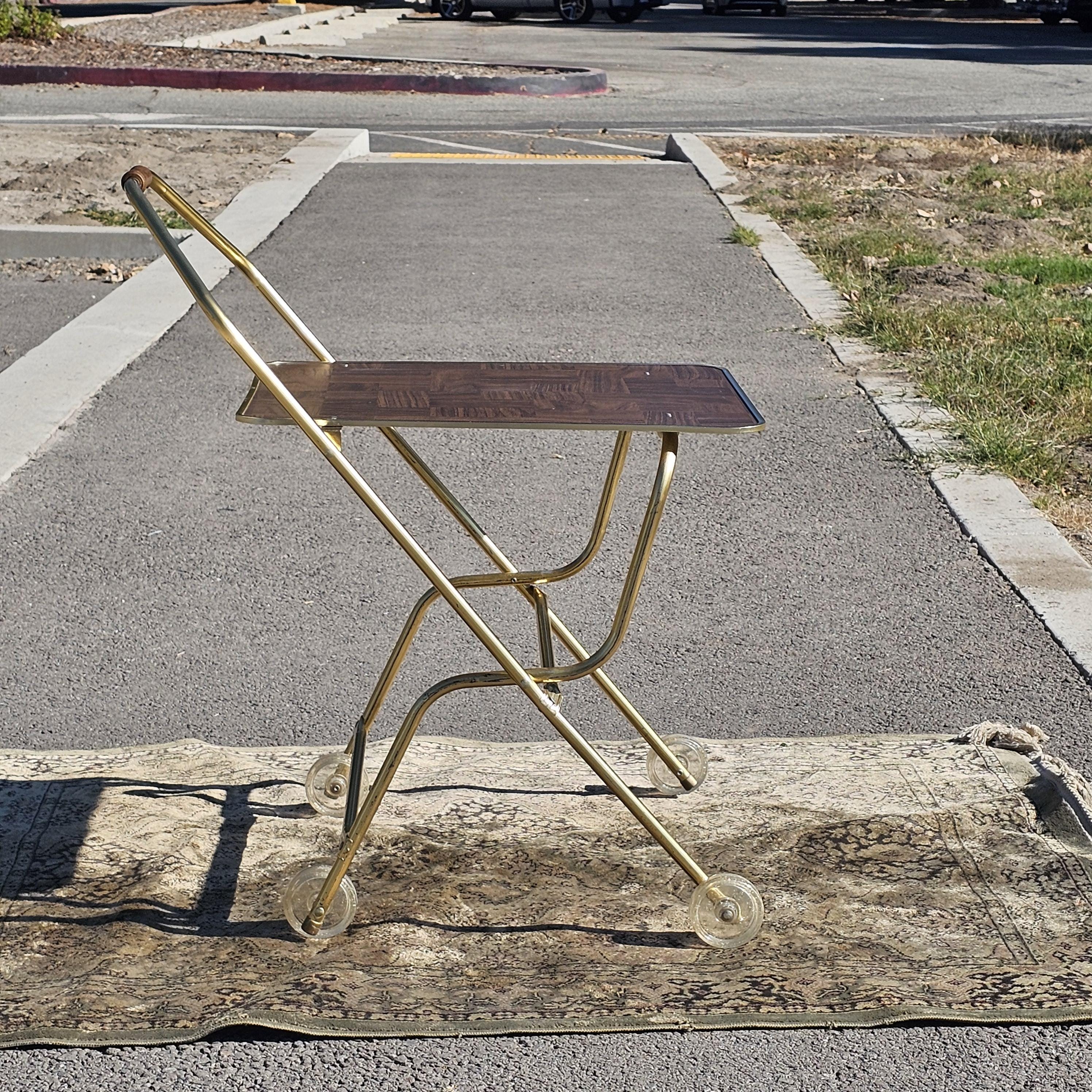 Vintage Mid Century Folding Rolling Bar Serving Cart With Wood Handle