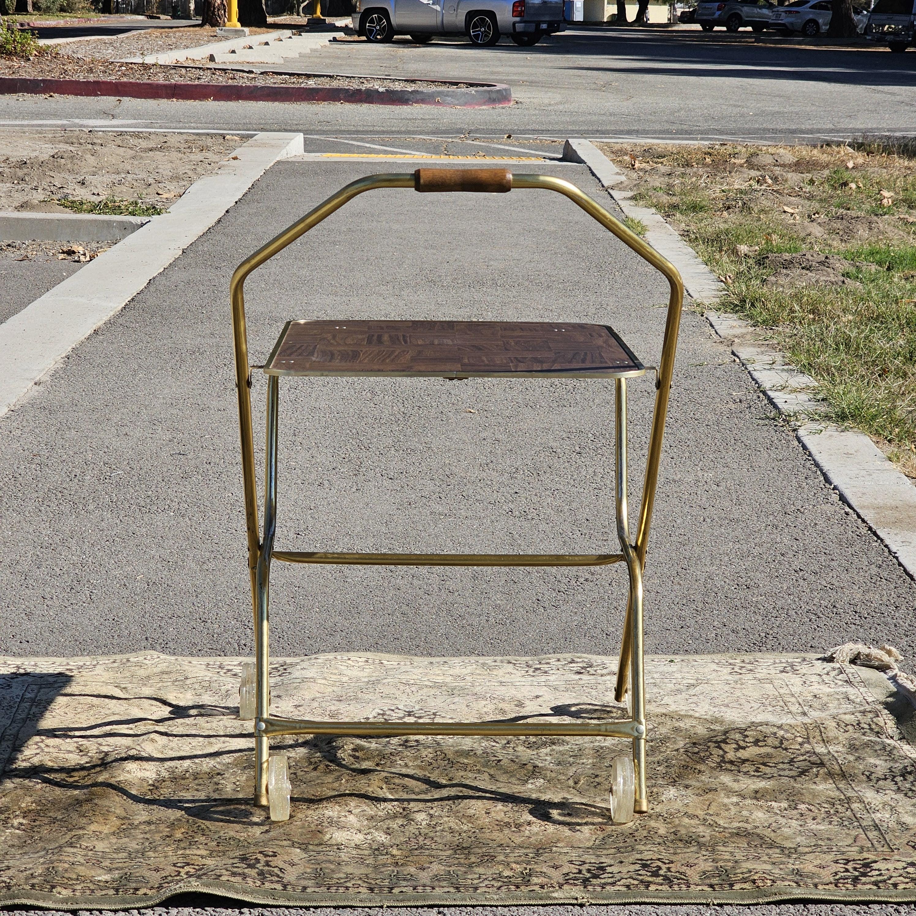 Vintage Mid Century Folding Rolling Bar Serving Cart With Wood Handle