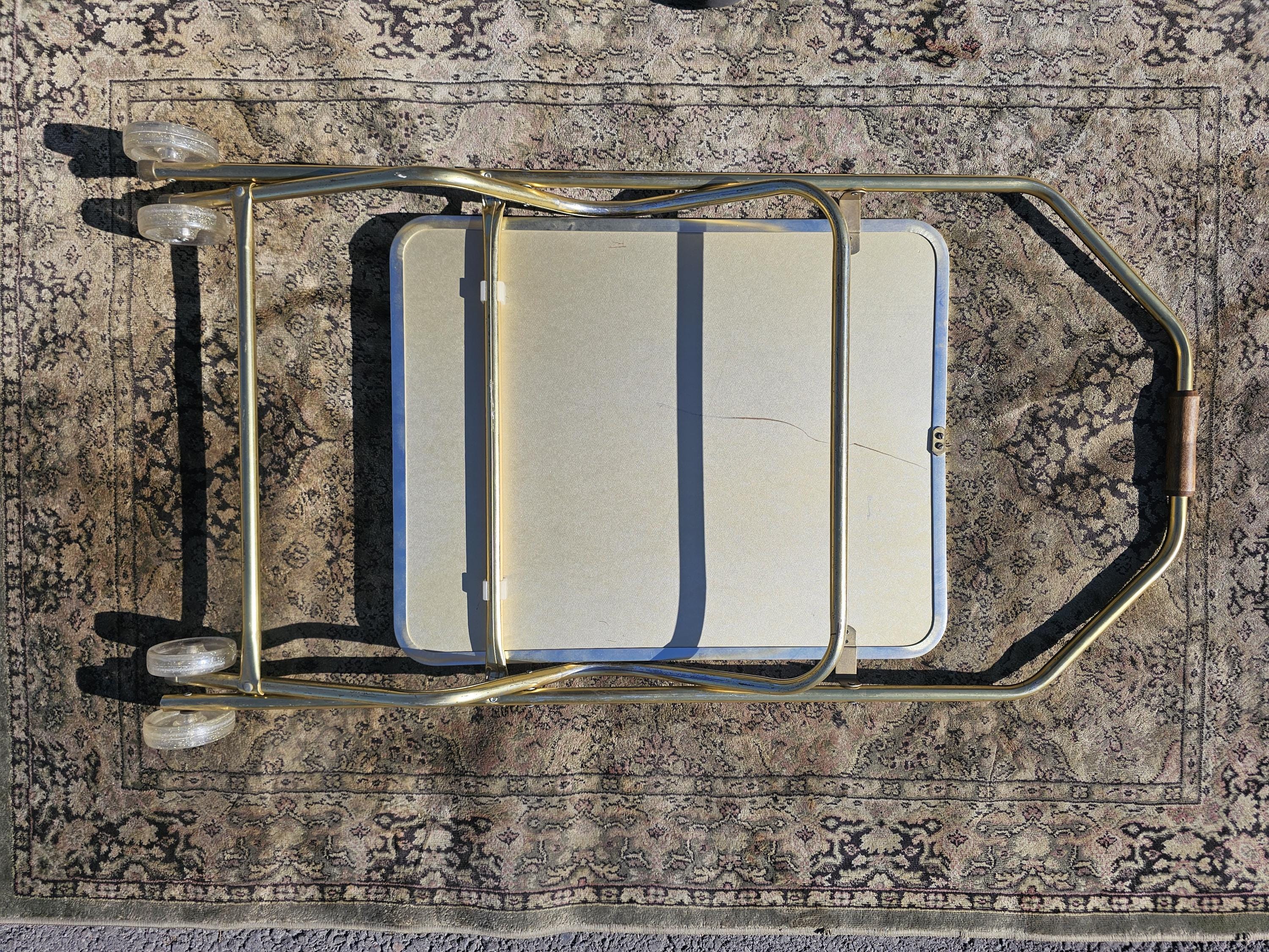 Vintage Mid Century Folding Rolling Bar Serving Cart With Wood Handle