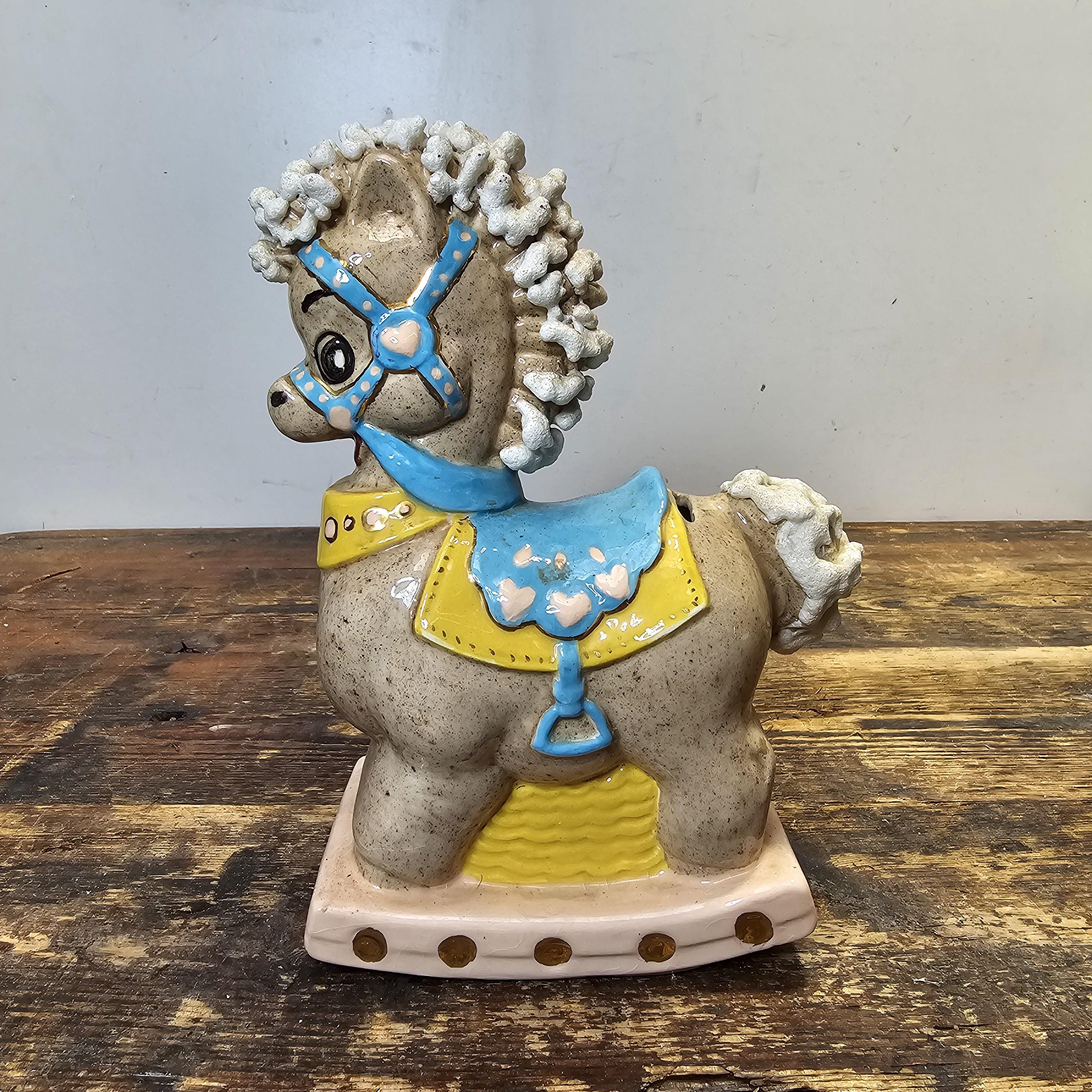 Vintage Rocking Horse Porcelain Bank Signed 6"L x 8.5"H x 3.25"W