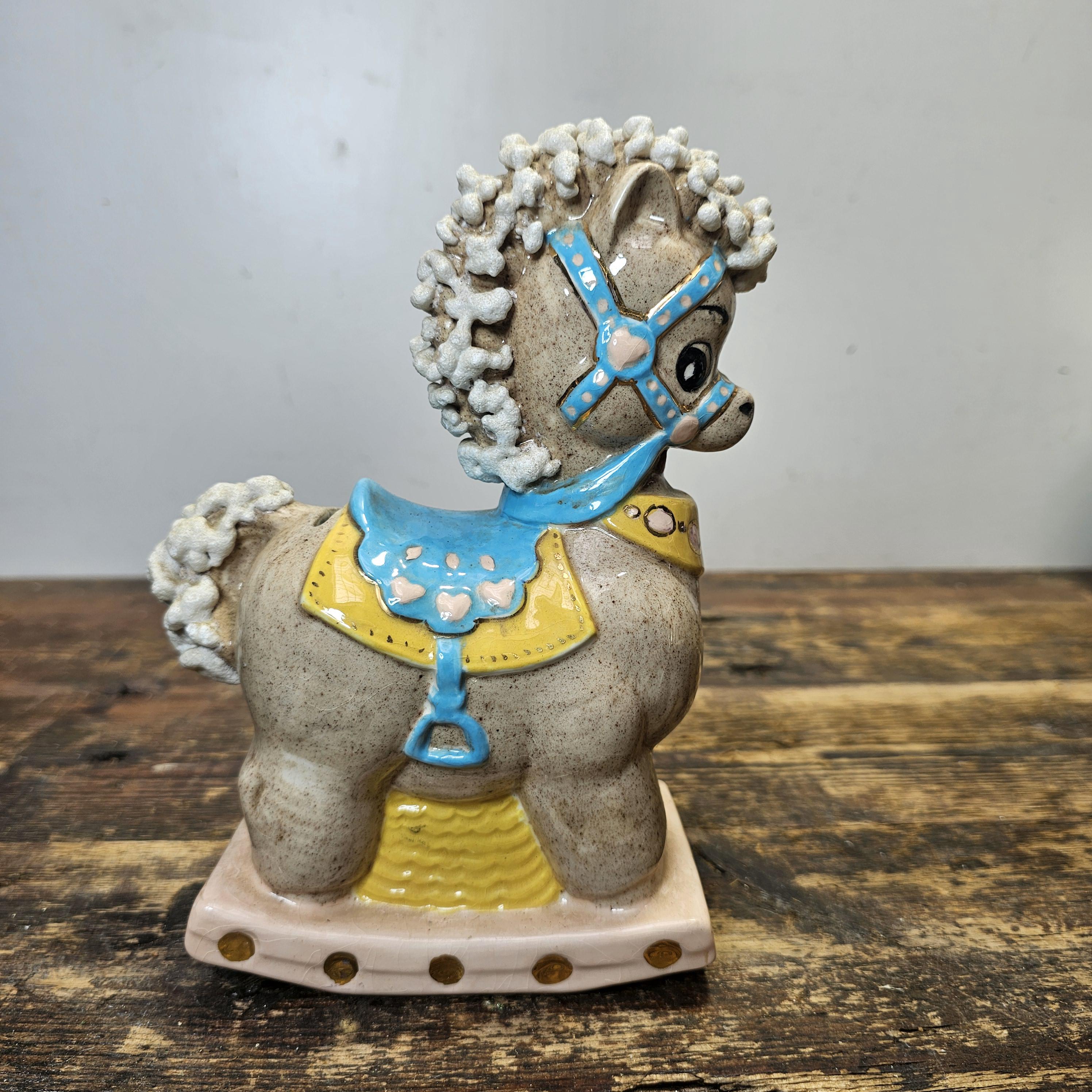 Vintage Rocking Horse Porcelain Bank Signed 6"L x 8.5"H x 3.25"W