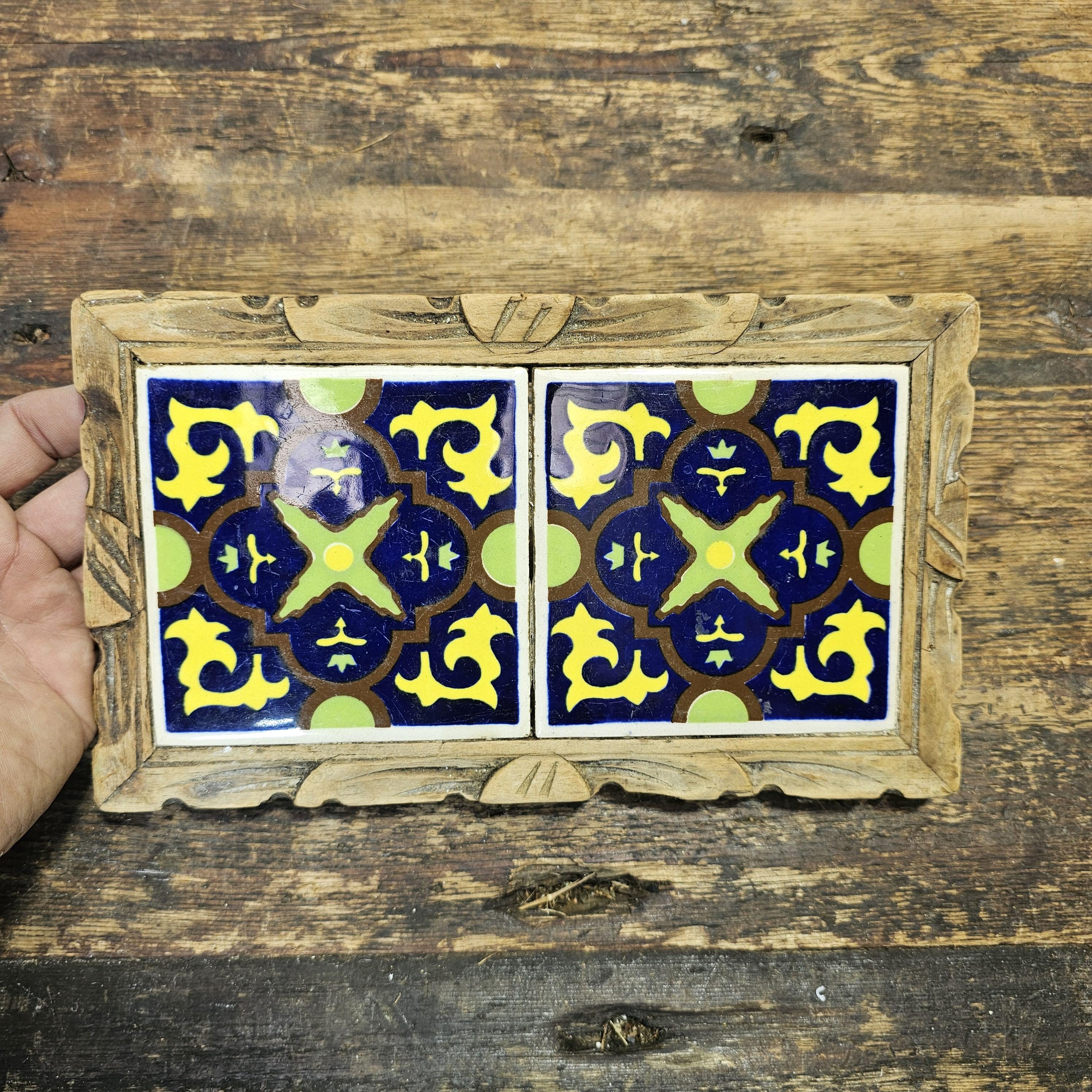 Vintage Lamosa Mexico Tile & Carved Wood Hot Plate Footed Trivet 10"L x 6"W