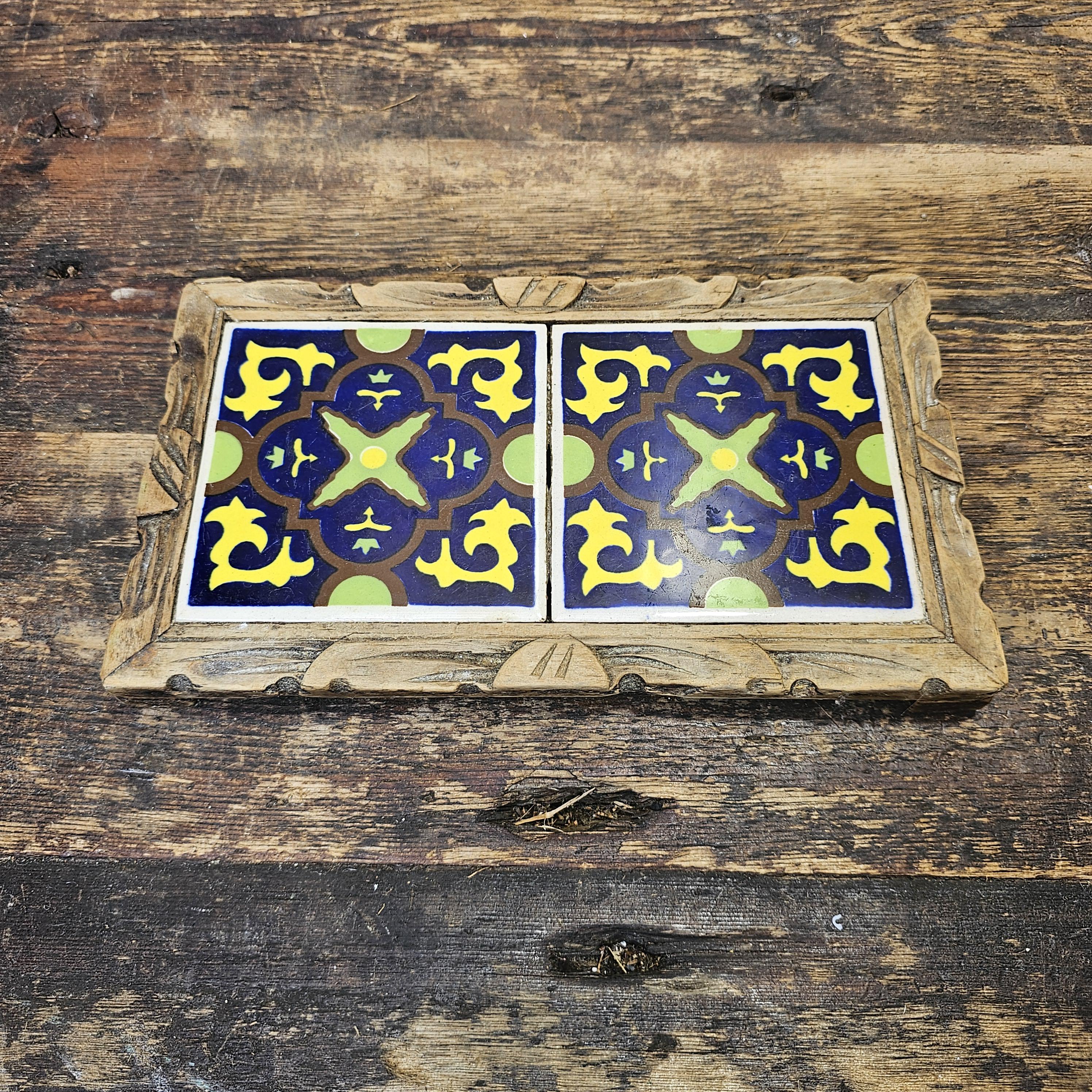 Vintage Lamosa Mexico Tile & Carved Wood Hot Plate Footed Trivet 10"L x 6"W