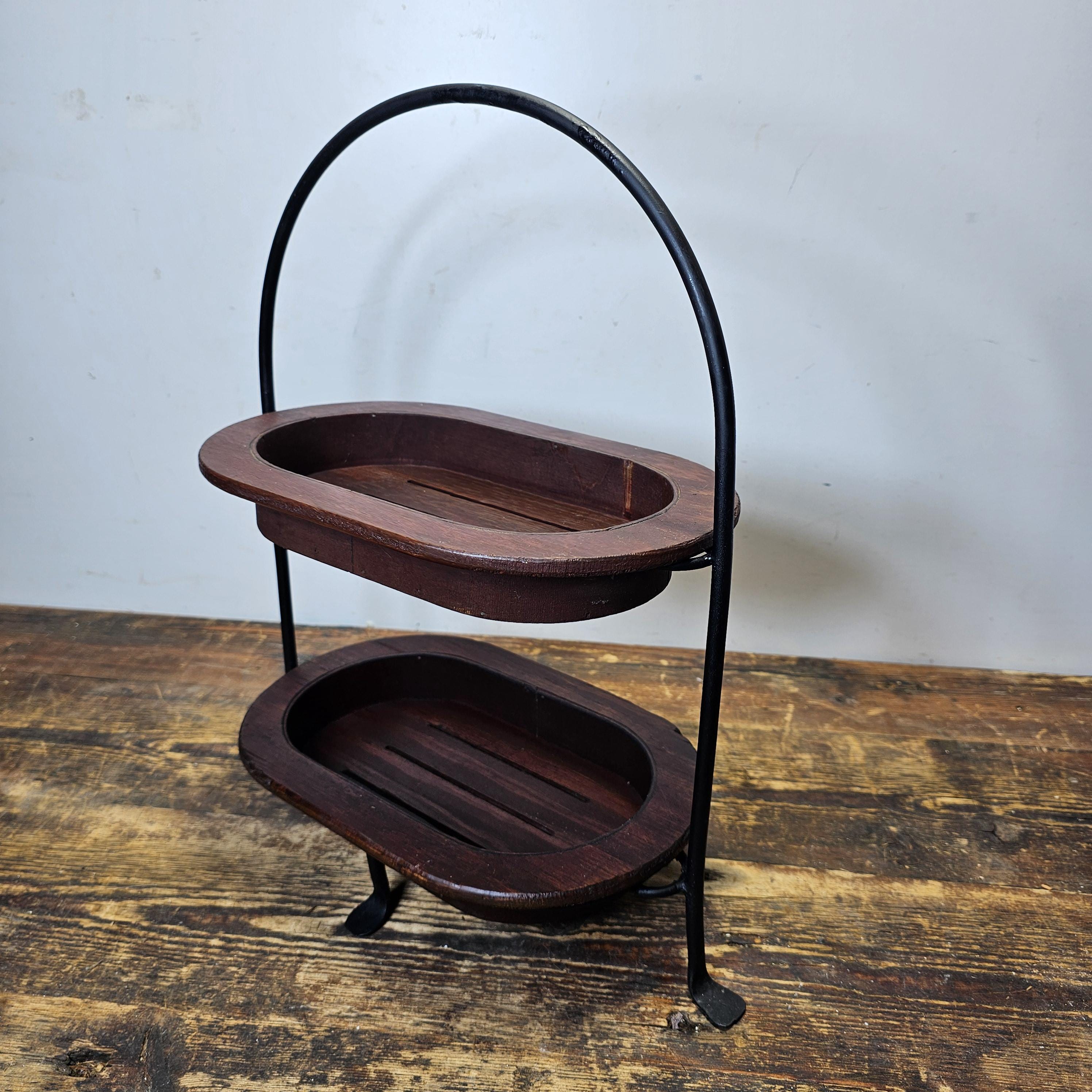 Vintage Black Metal & Wood Tray Two Tier Plant Stand Planter Made In Mexico
