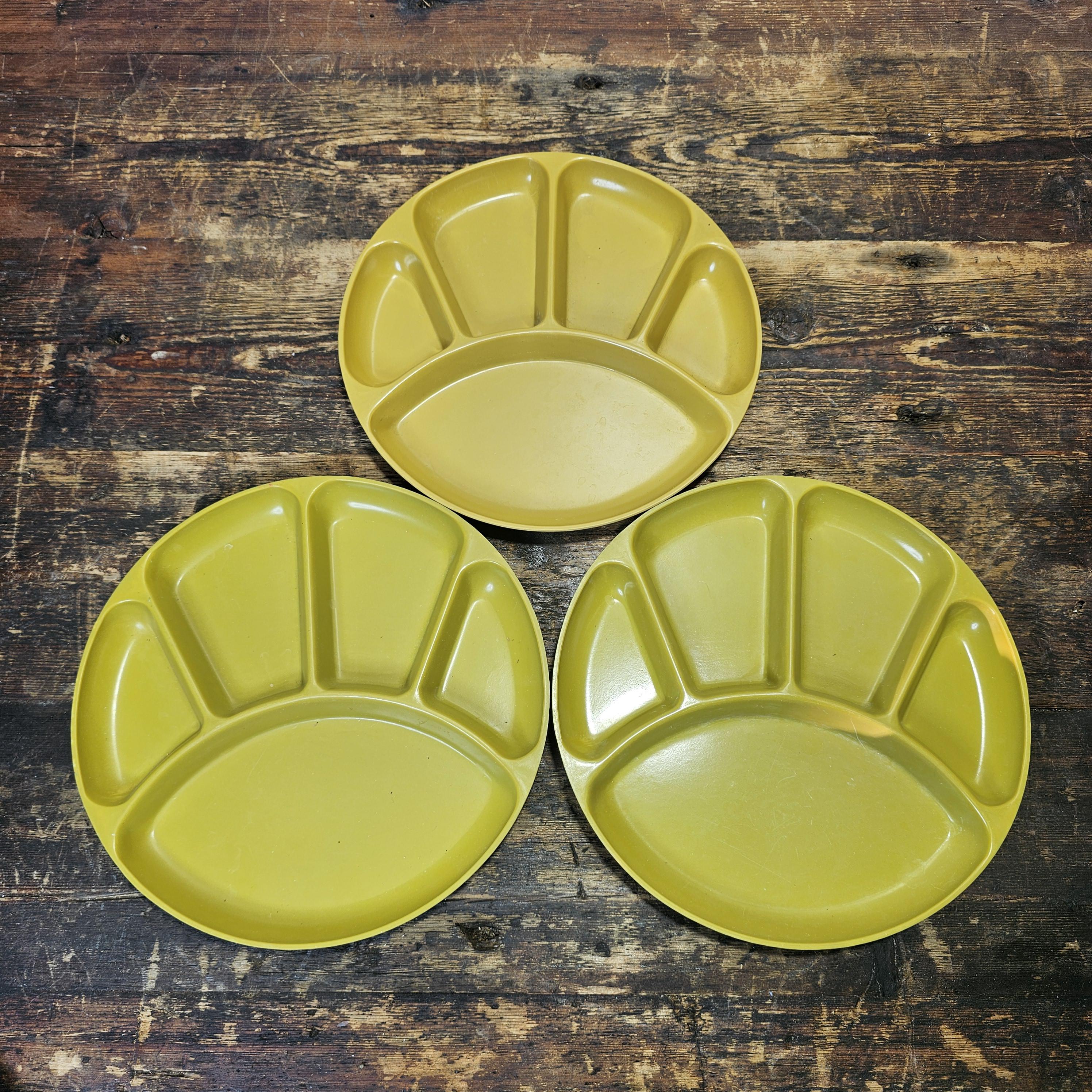 Set of 3 Vintage Gaiety Melamine Mustard Yellow Divided Dinner Plates