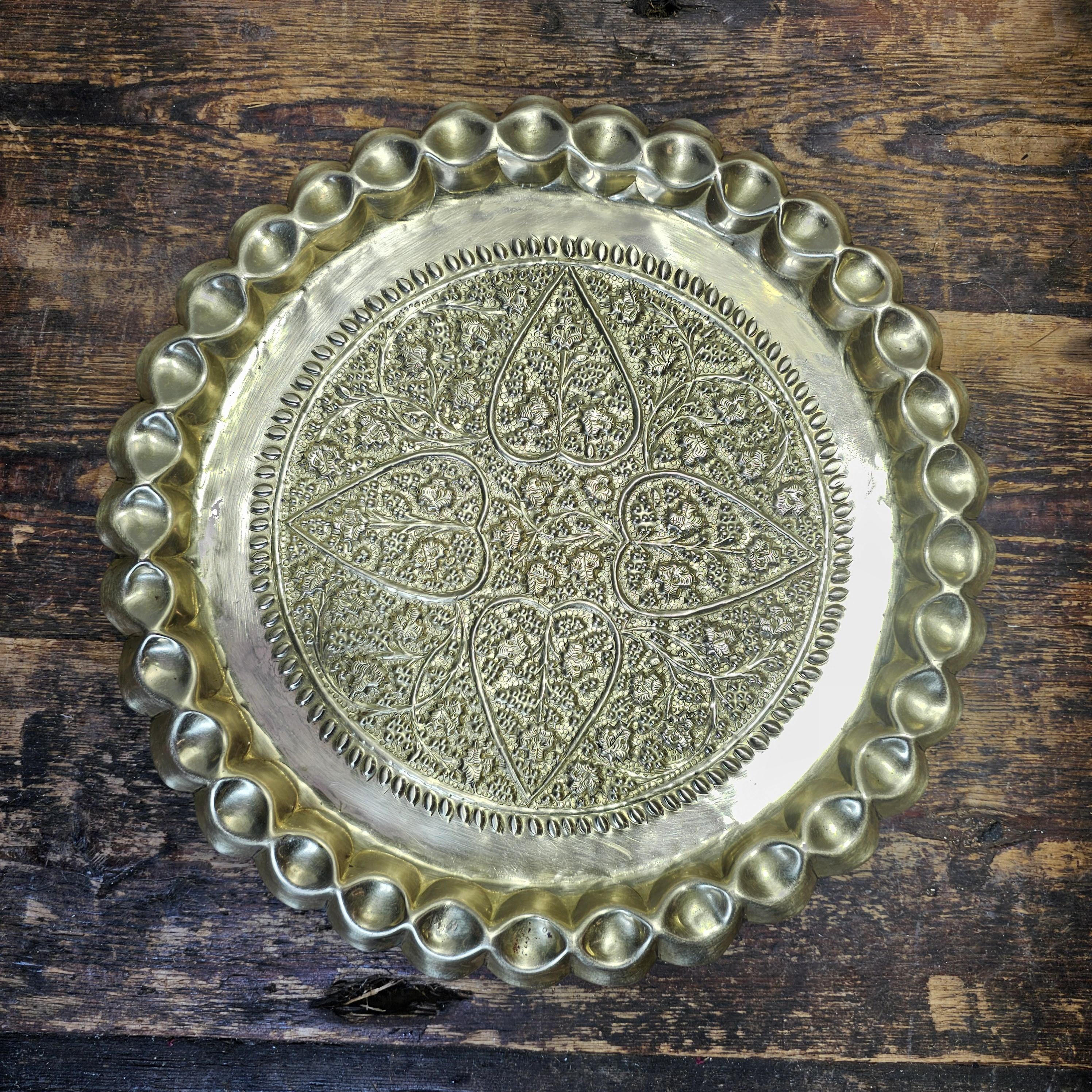 Moroccan Hammered Embossed & Engraved Brass Tray Platter 12.5'' Round
