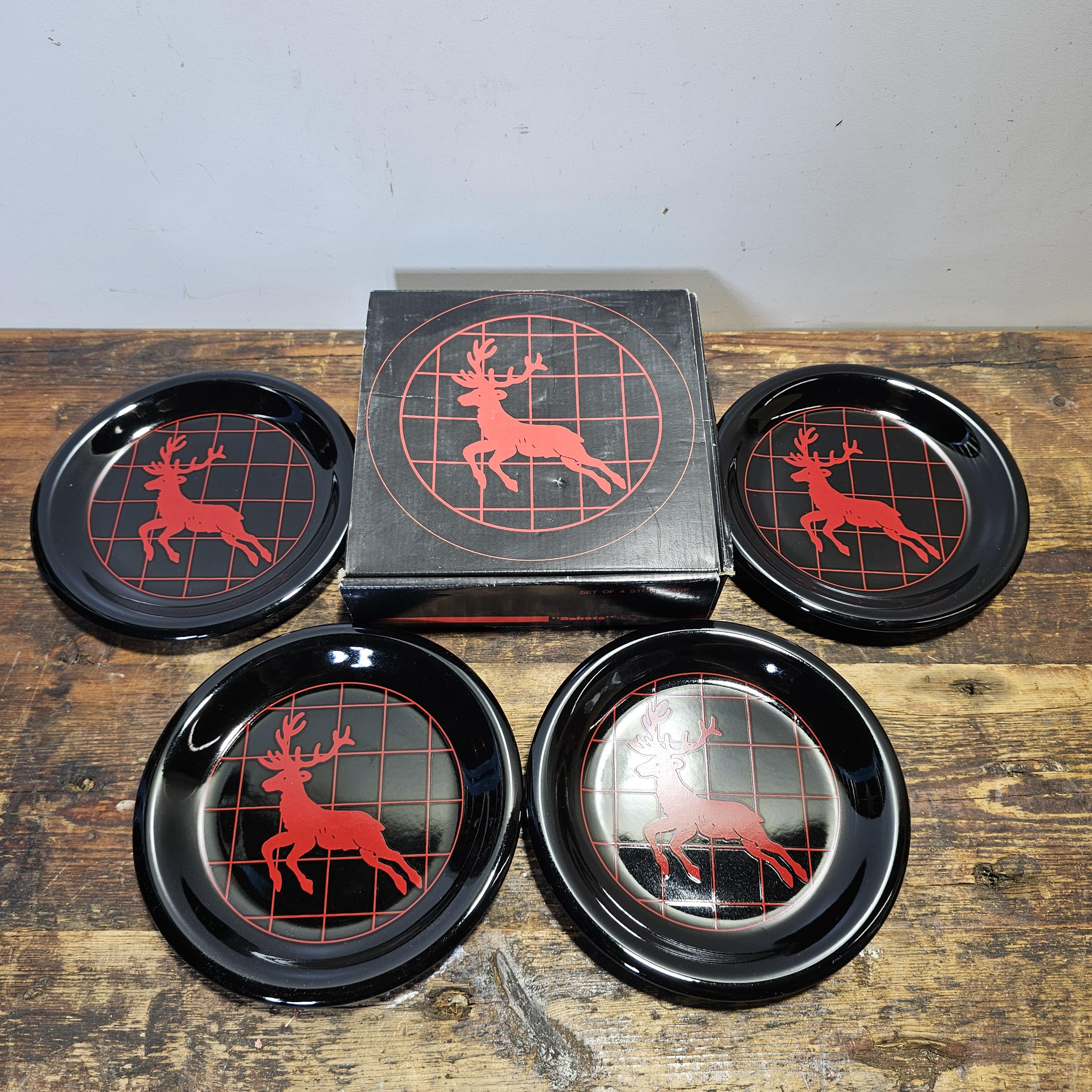 Set of 4 Department 56 Dakota Deer Reindeer Dessert Plates Black & Red 7.5"