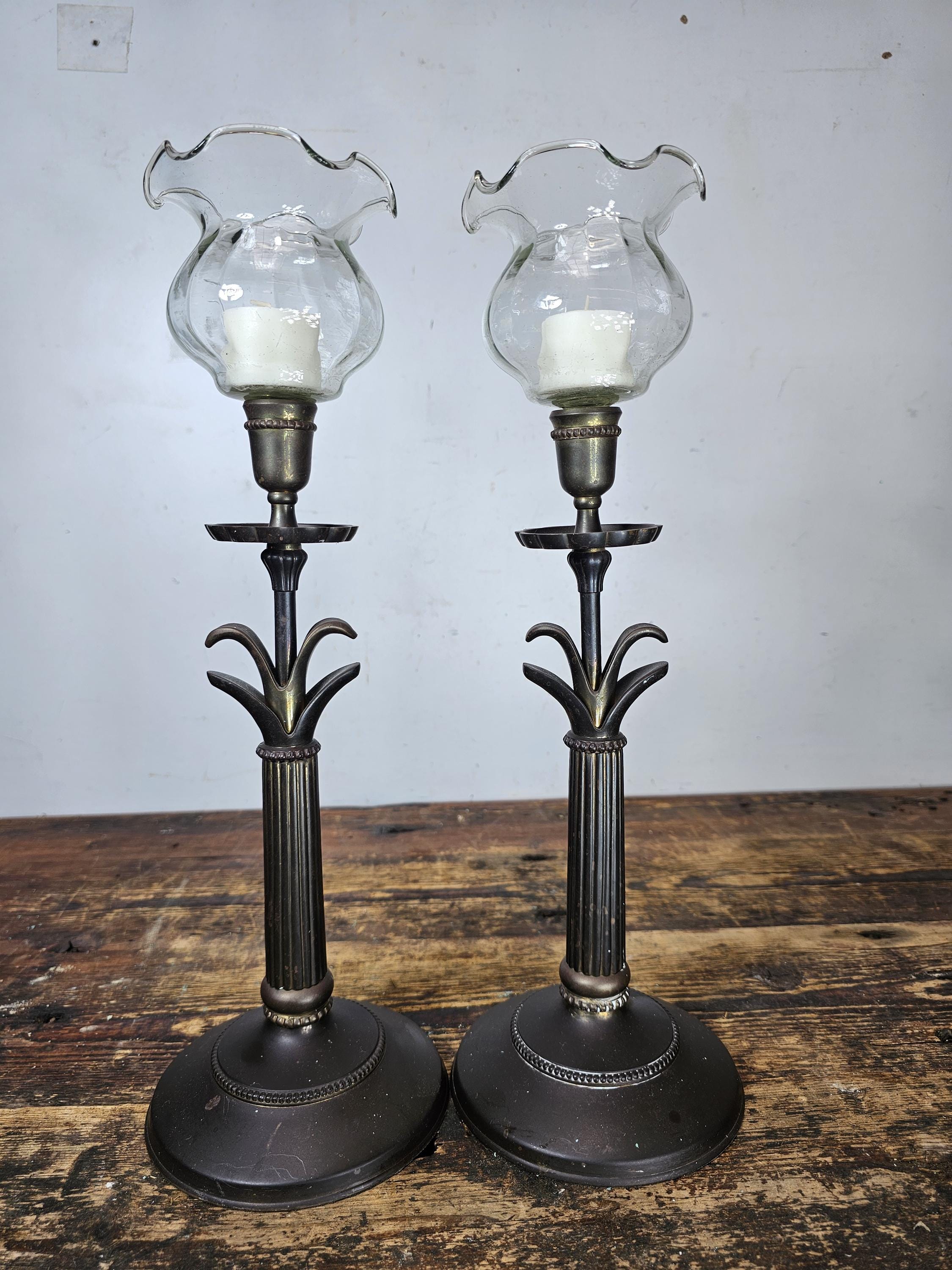 Pair of Metal Candleholders Patina 15.5"H