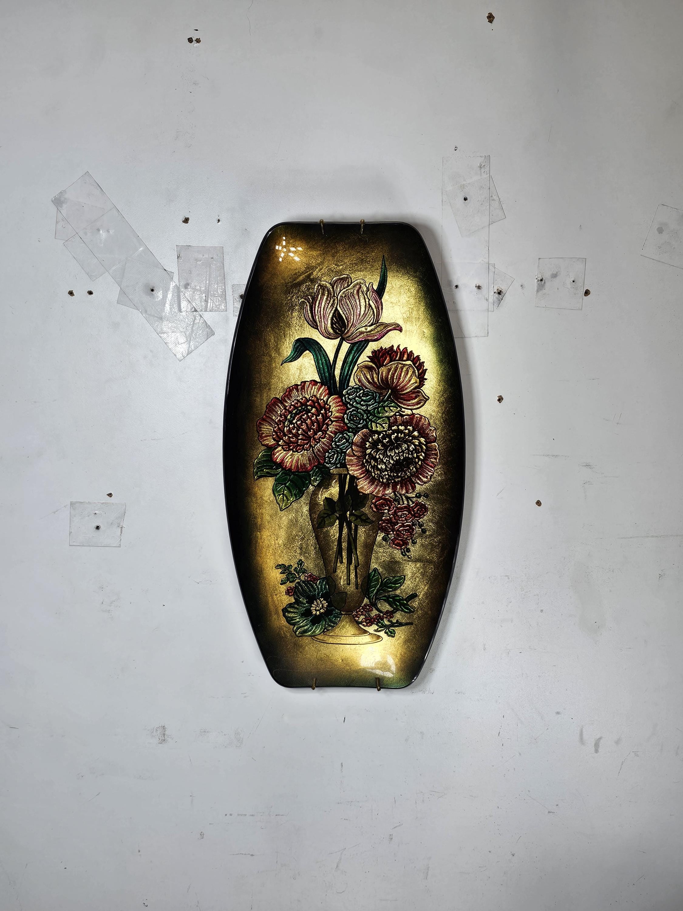 Vintage Reverse Paint Decorative Plate Floral Design 1950s 18.5" x 9.5" x 1.5"