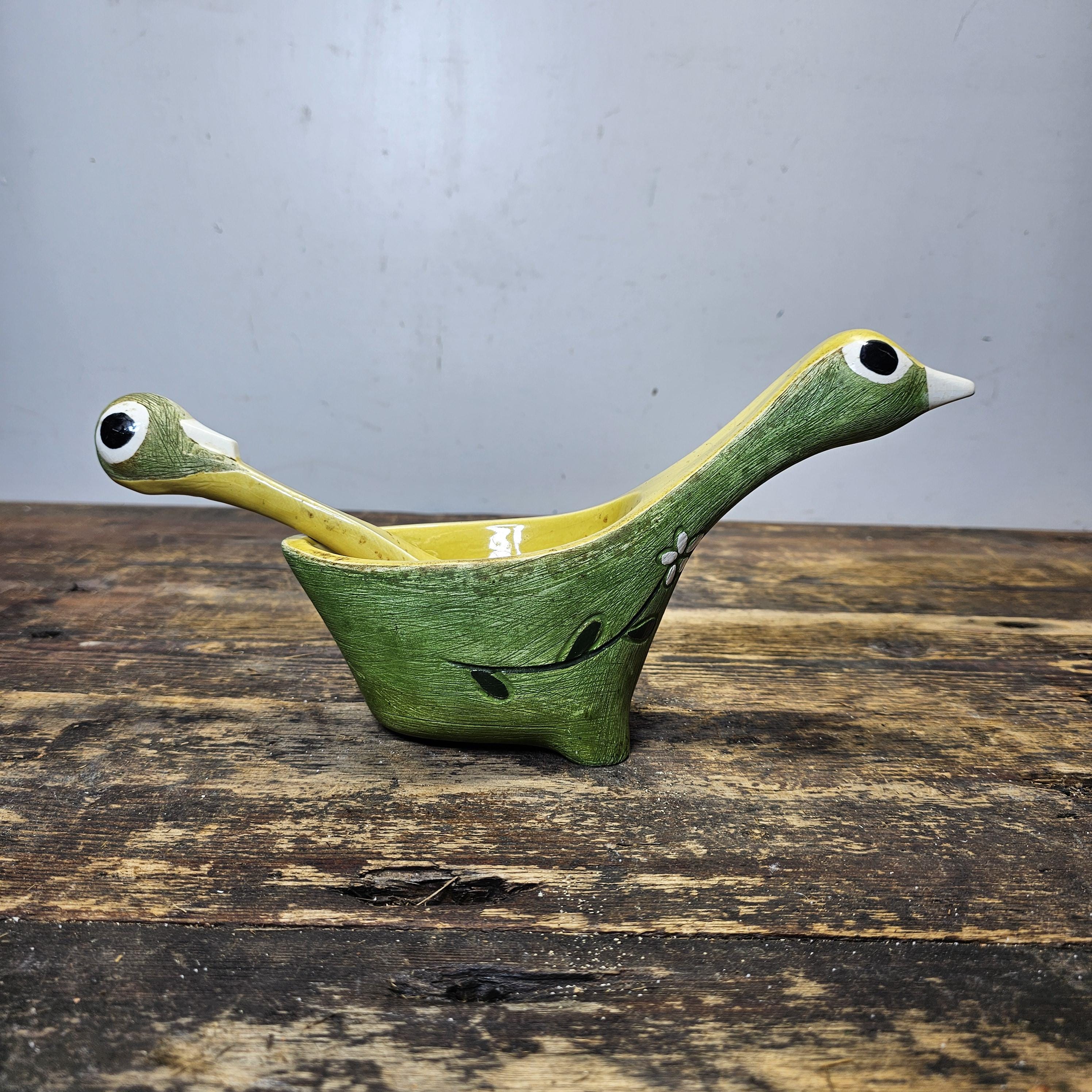 Brayton Laguna Pottery Floral Bird Decorative Guacamole Bowl and Spoon Set