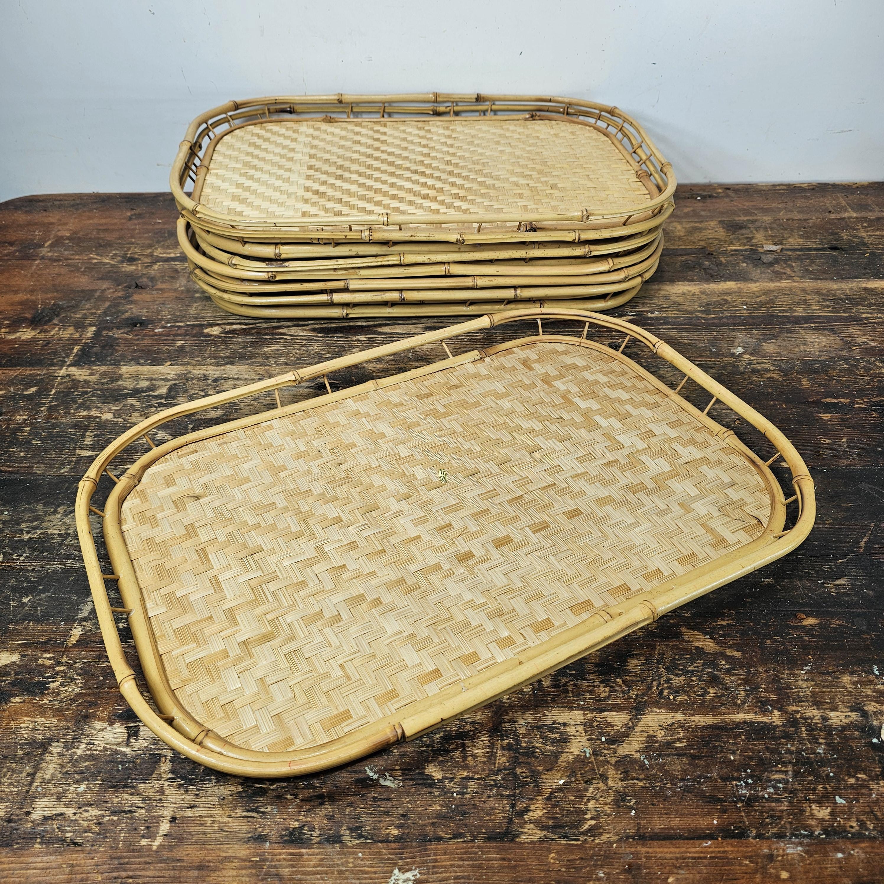 Set of 7 Vintage Bamboo Tray Woven Wicker Serving Tray Boho 19" x 13" x 1-1/4"
