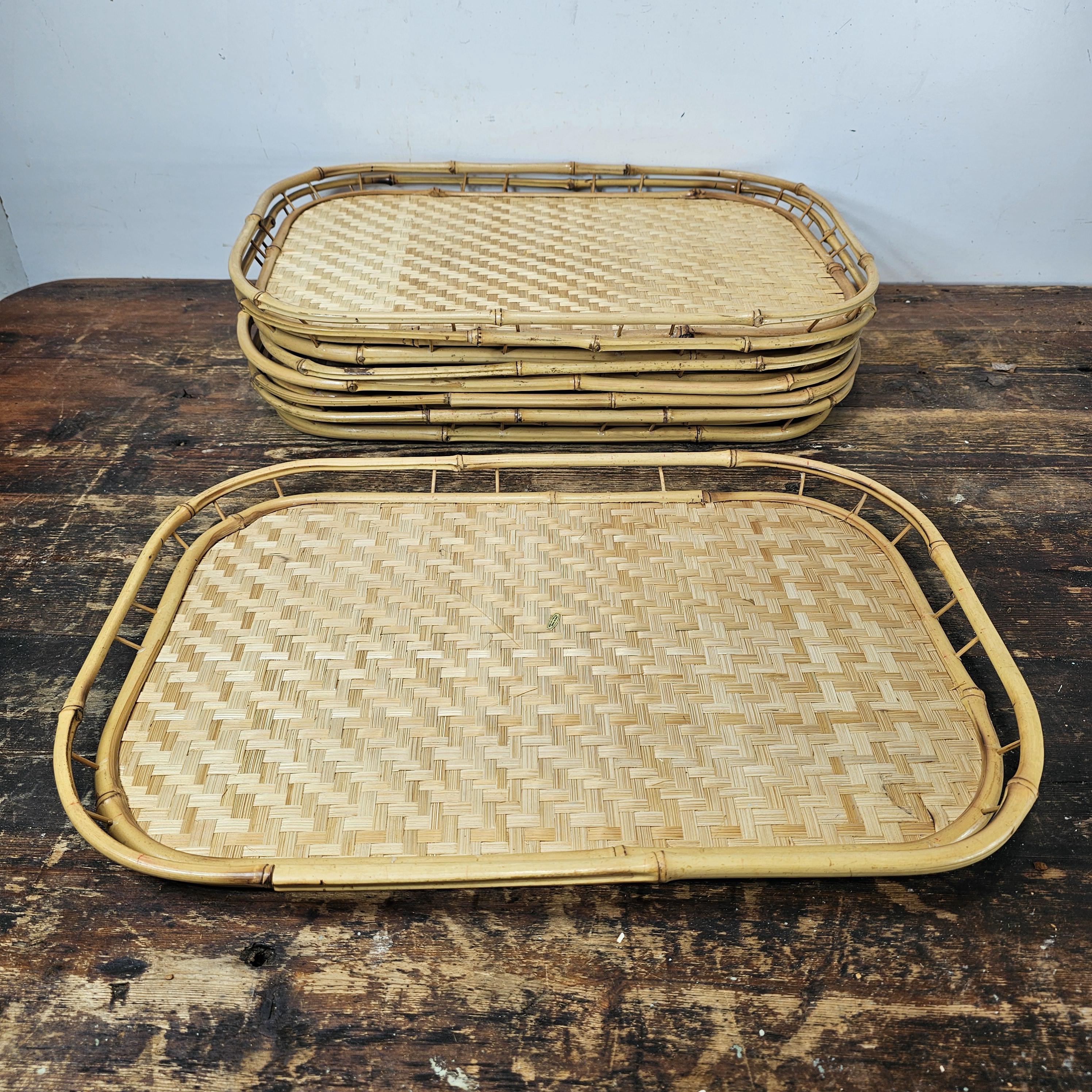 Set of 7 Vintage Bamboo Tray Woven Wicker Serving Tray Boho 19" x 13" x 1-1/4"