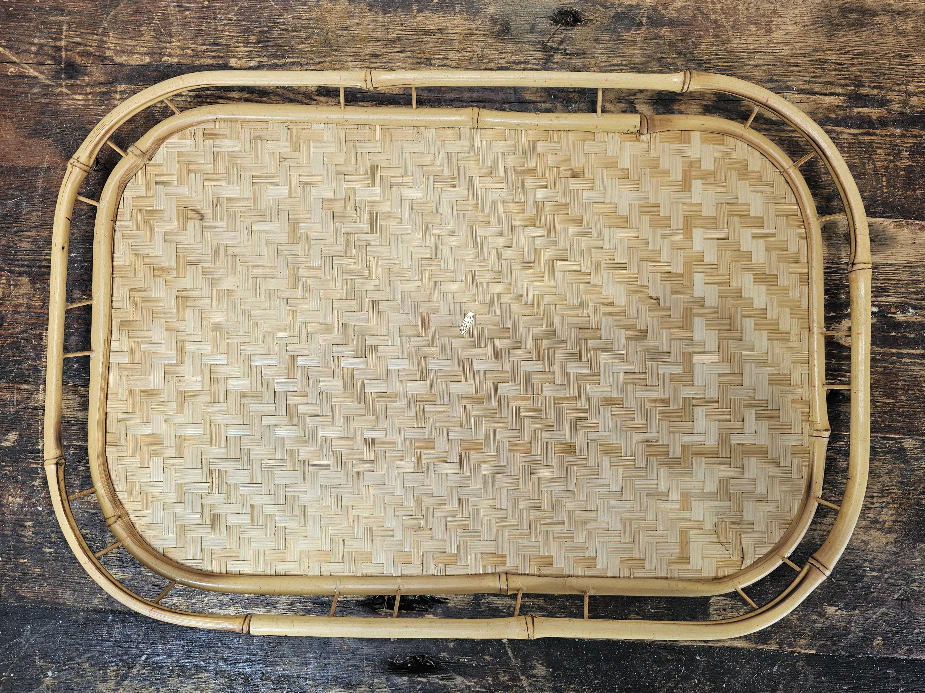 Set of 7 Vintage Bamboo Tray Woven Wicker Serving Tray Boho 19" x 13" x 1-1/4"