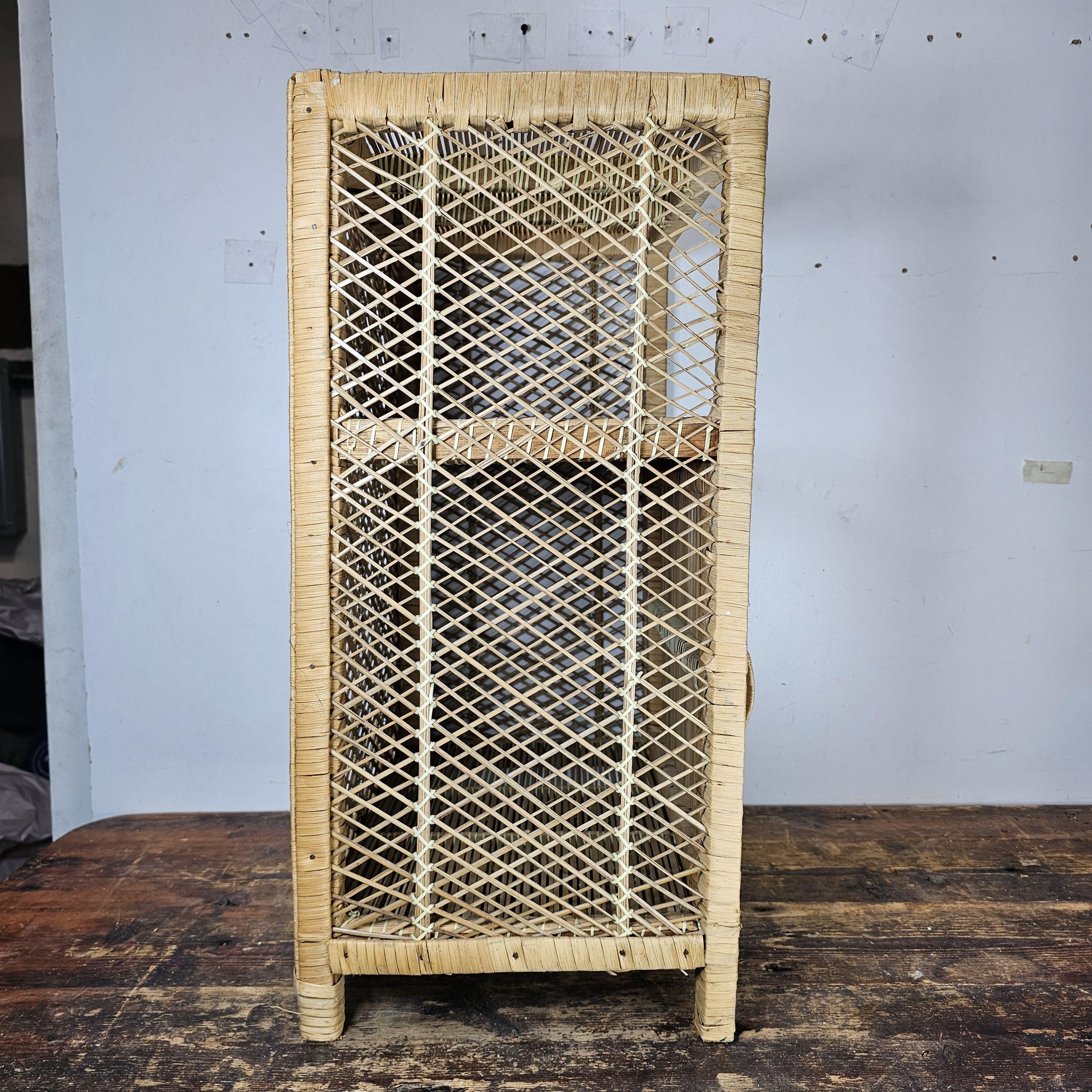 Vintage Rattan Nightstand Boho 18"W x 12"D x 26"H