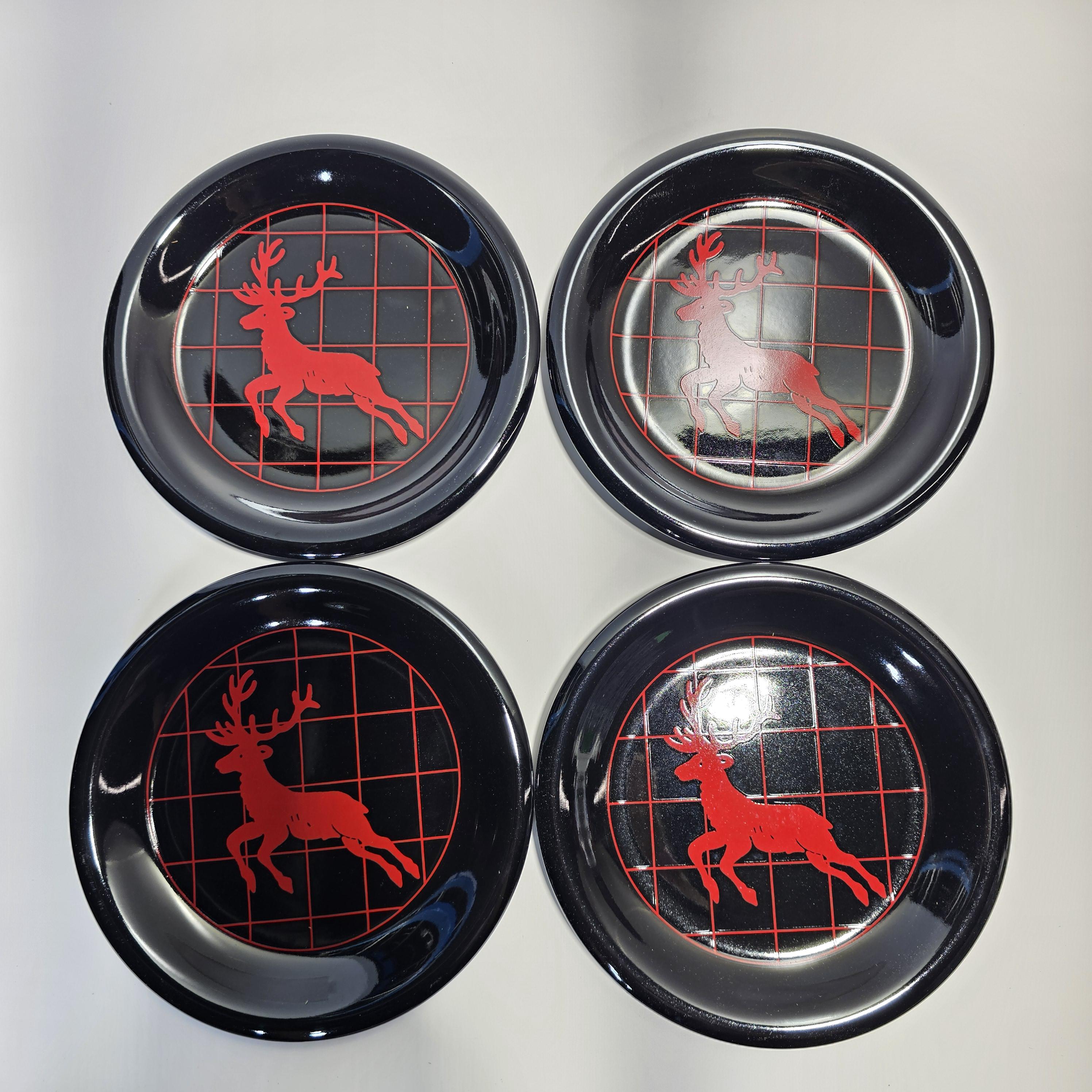 Set of 4 Department 56 Dakota Deer Reindeer Dessert Plates Black & Red 7.5"