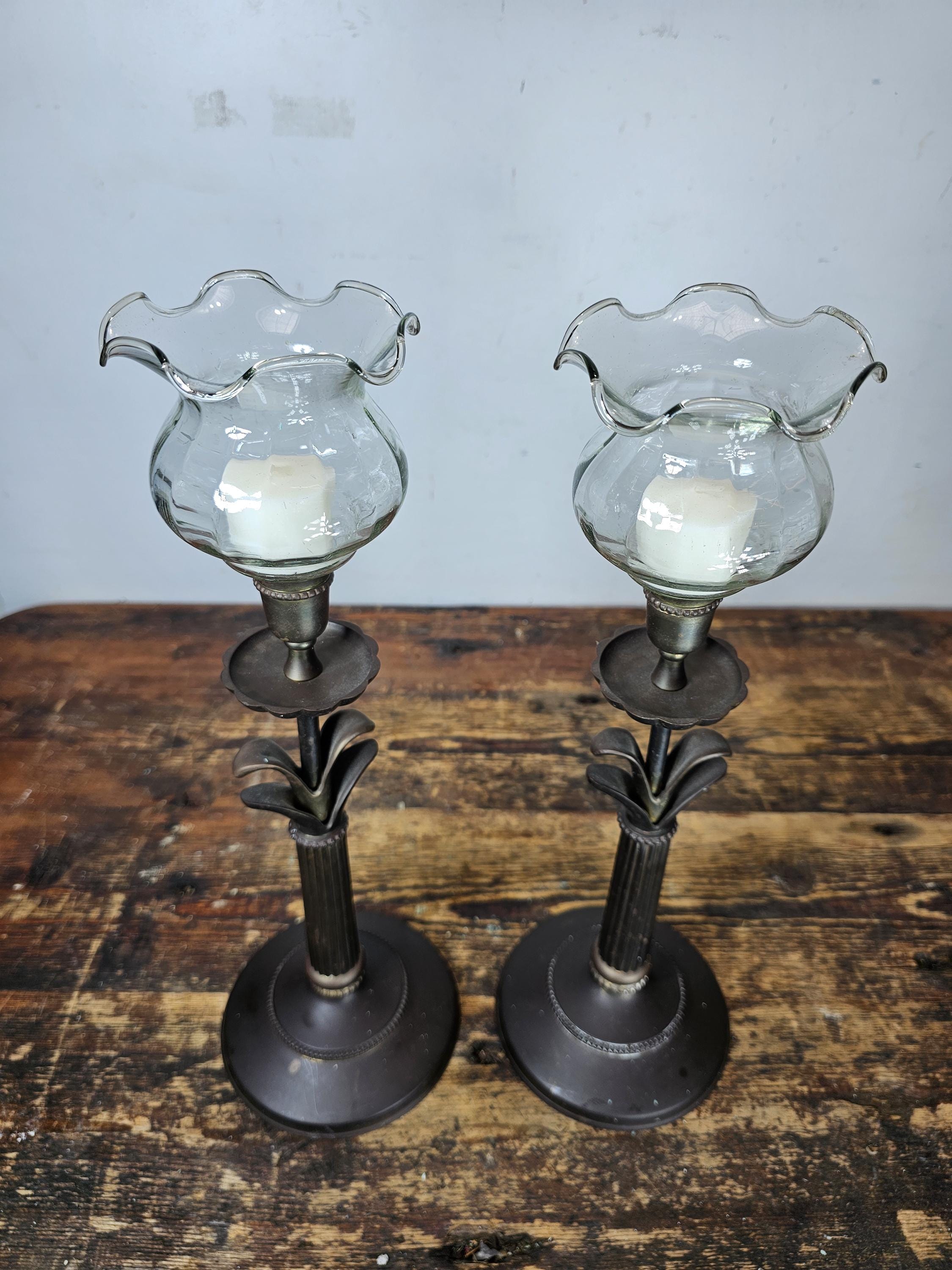 Pair of Metal Candleholders Patina 15.5"H