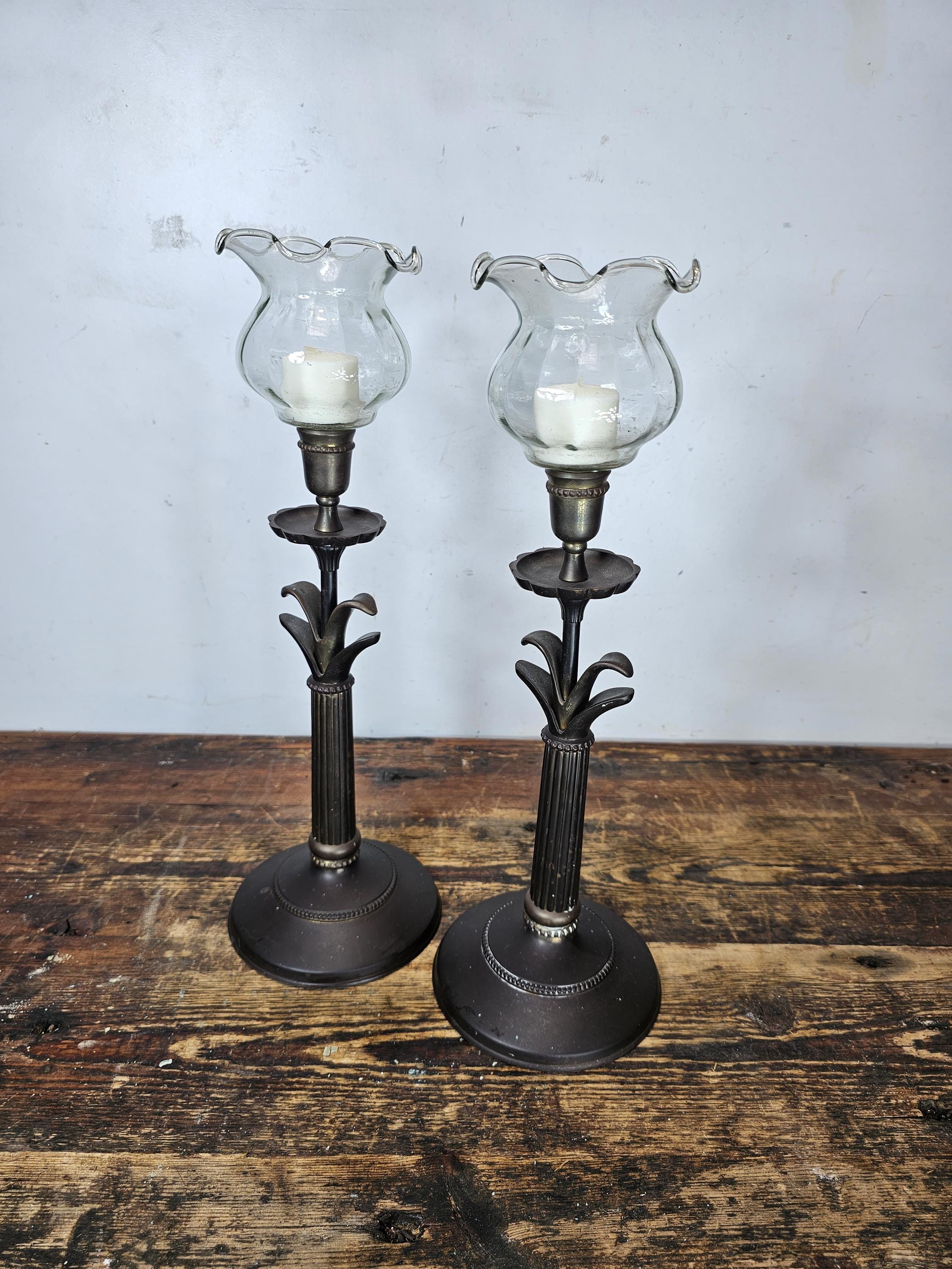 Pair of Metal Candleholders Patina 15.5"H