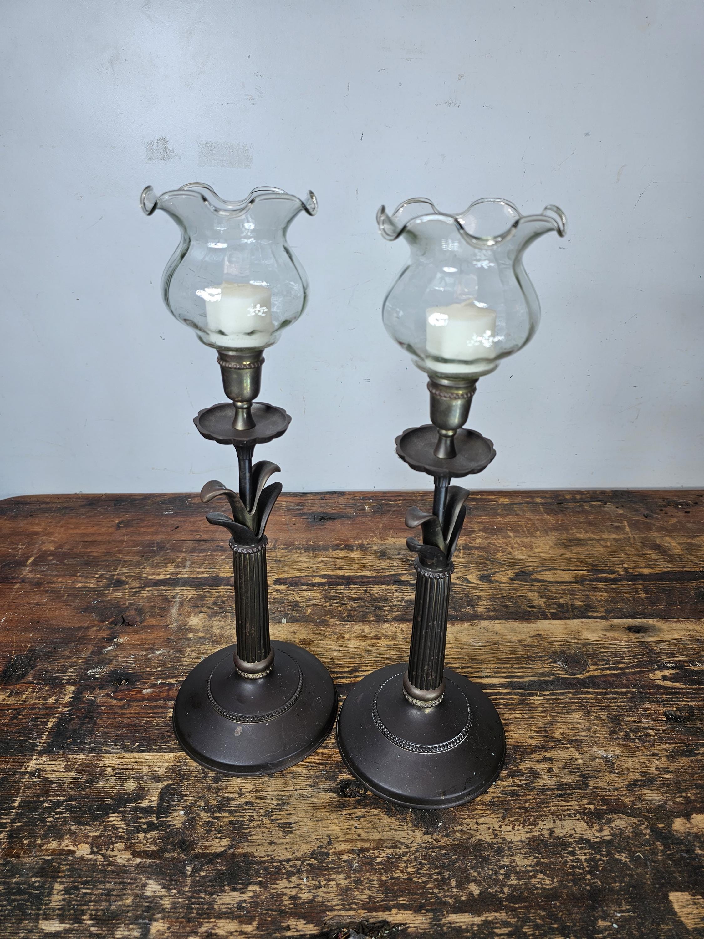 Pair of Metal Candleholders Patina 15.5"H