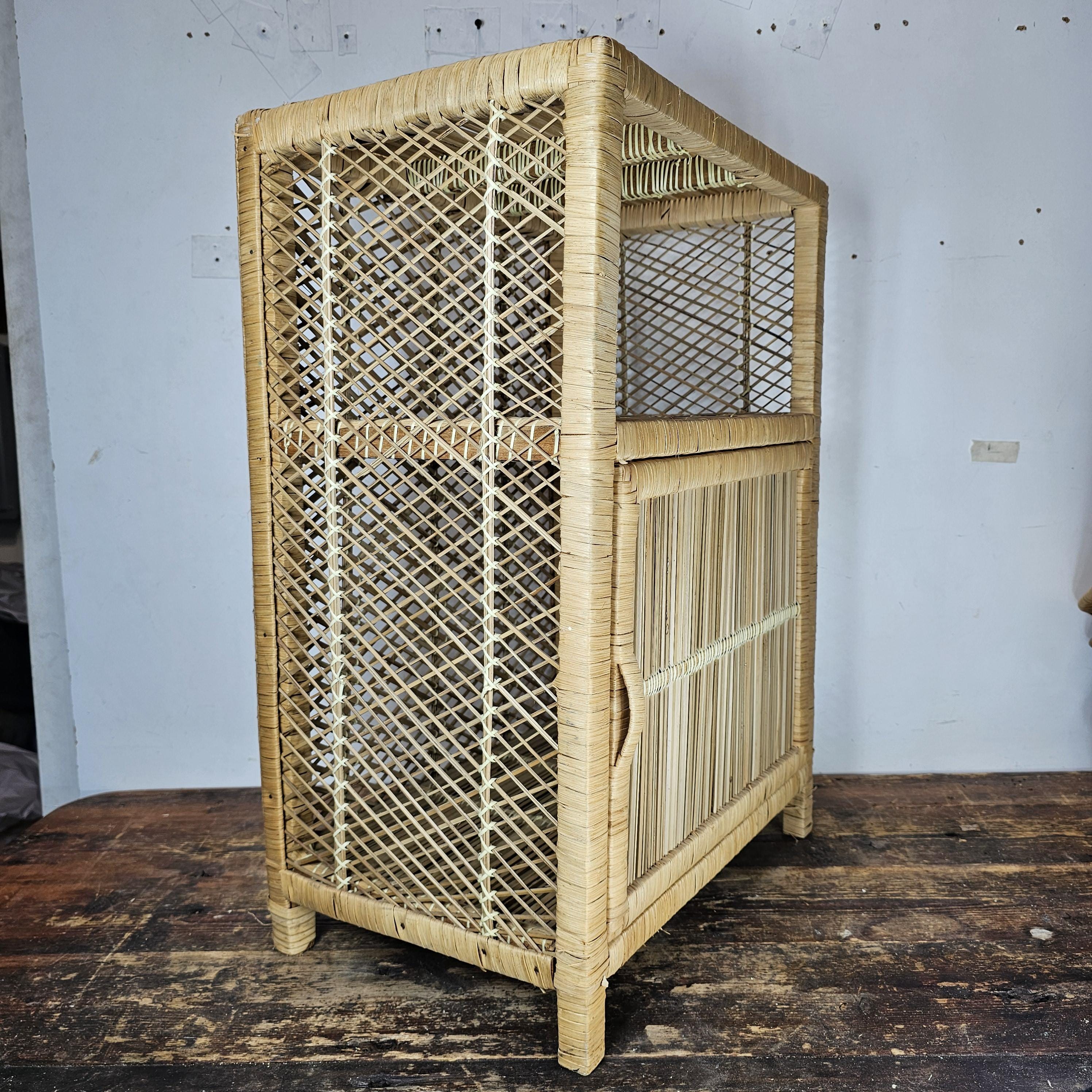 Vintage Rattan Nightstand Boho 18"W x 12"D x 26"H