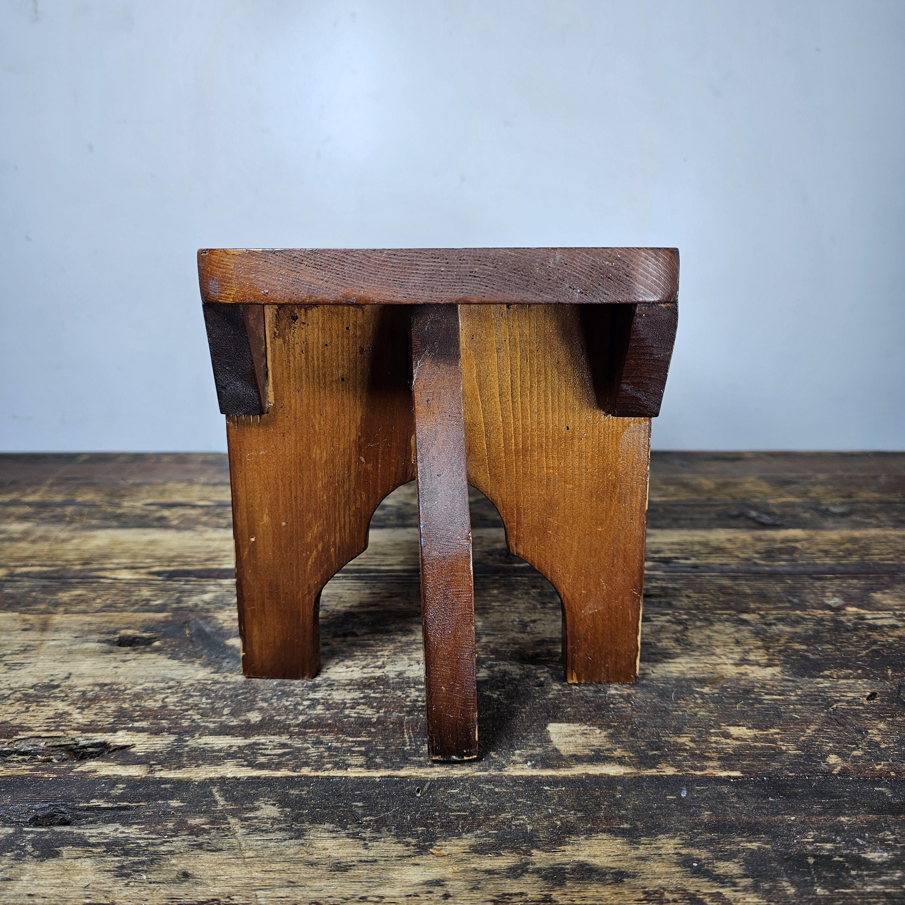 Vintage Arts and Crafts Style Handmade Vernacular Boarded Stool Signed 1970s