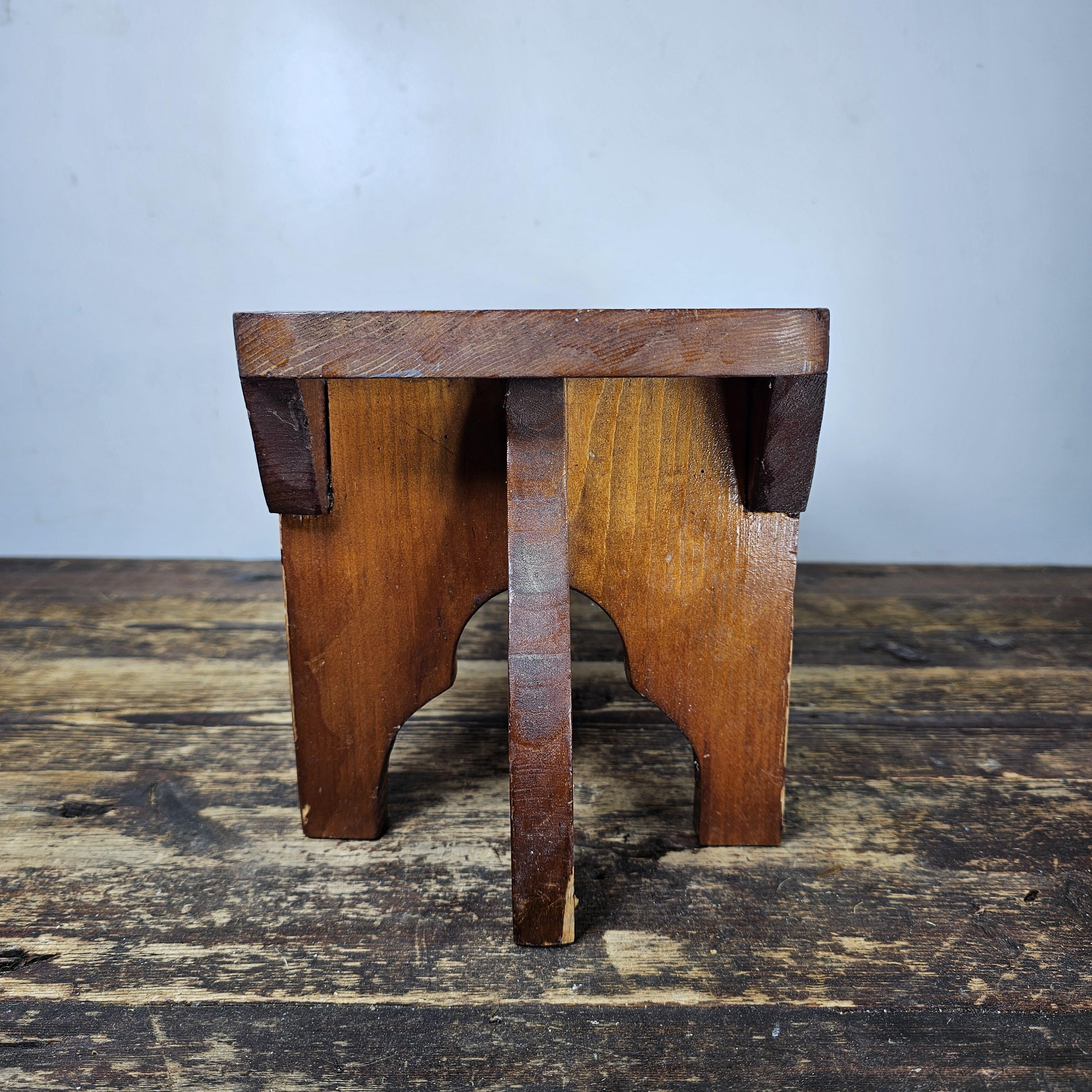 Vintage Arts and Crafts Style Handmade Vernacular Boarded Stool Signed 1970s