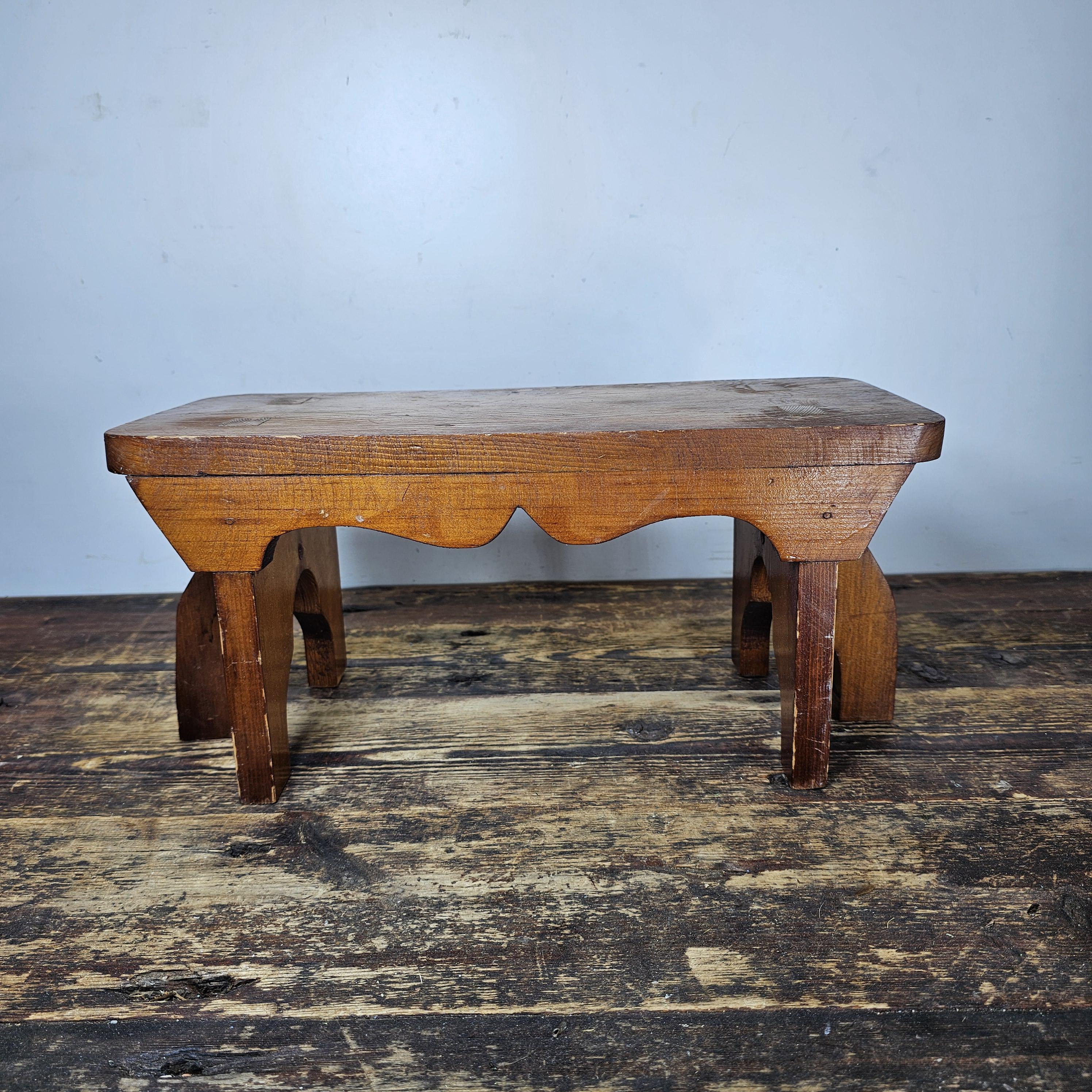 Vintage Arts and Crafts Style Handmade Vernacular Boarded Stool Signed 1970s