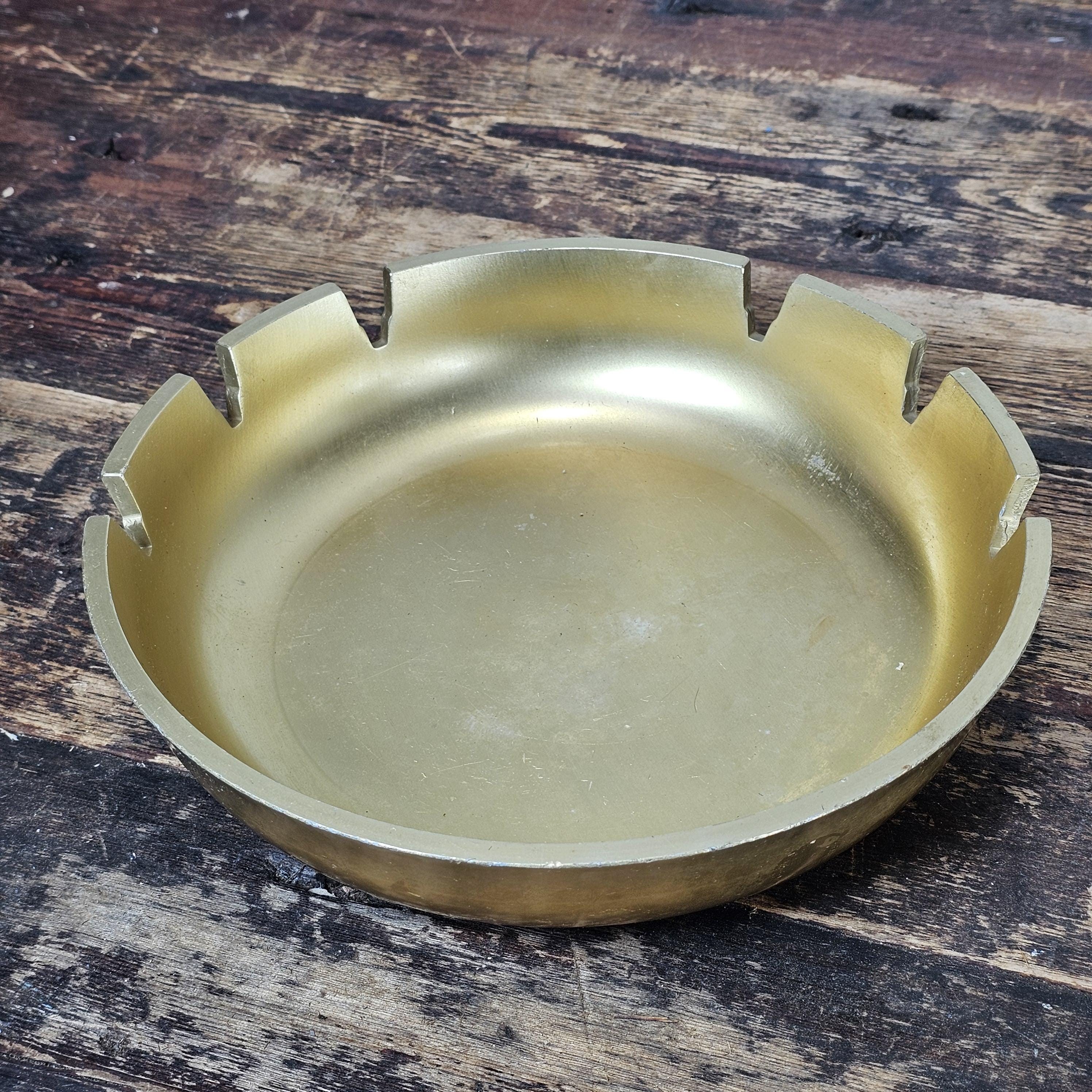 Vintage Solid Aluminum Gold Table Ashtray Large MCM 10" Diam x 2.25"H