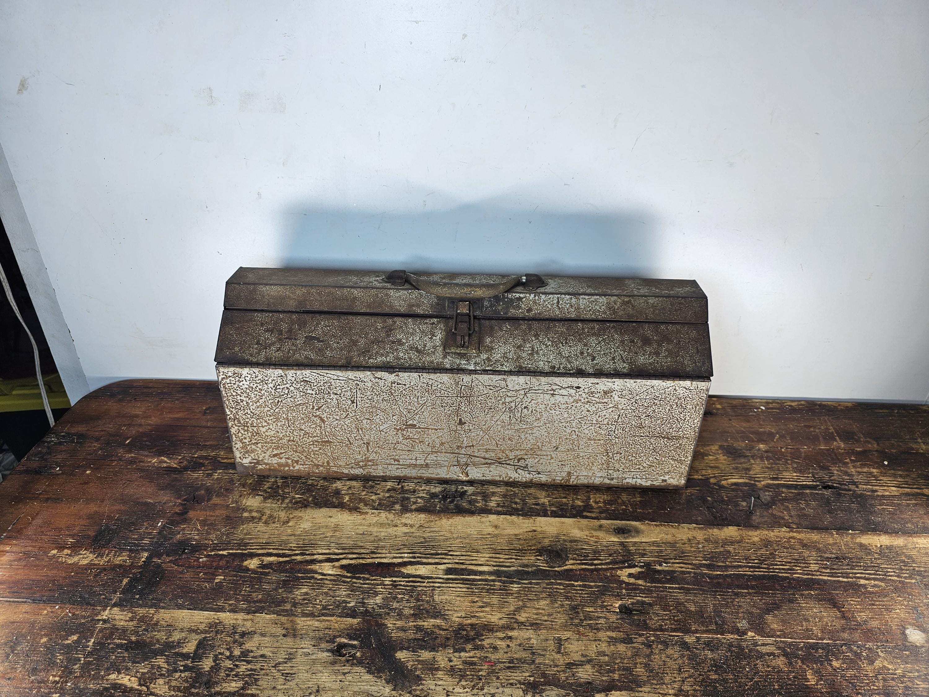 Vintage Rusty Metal Hip Roof Tool Box