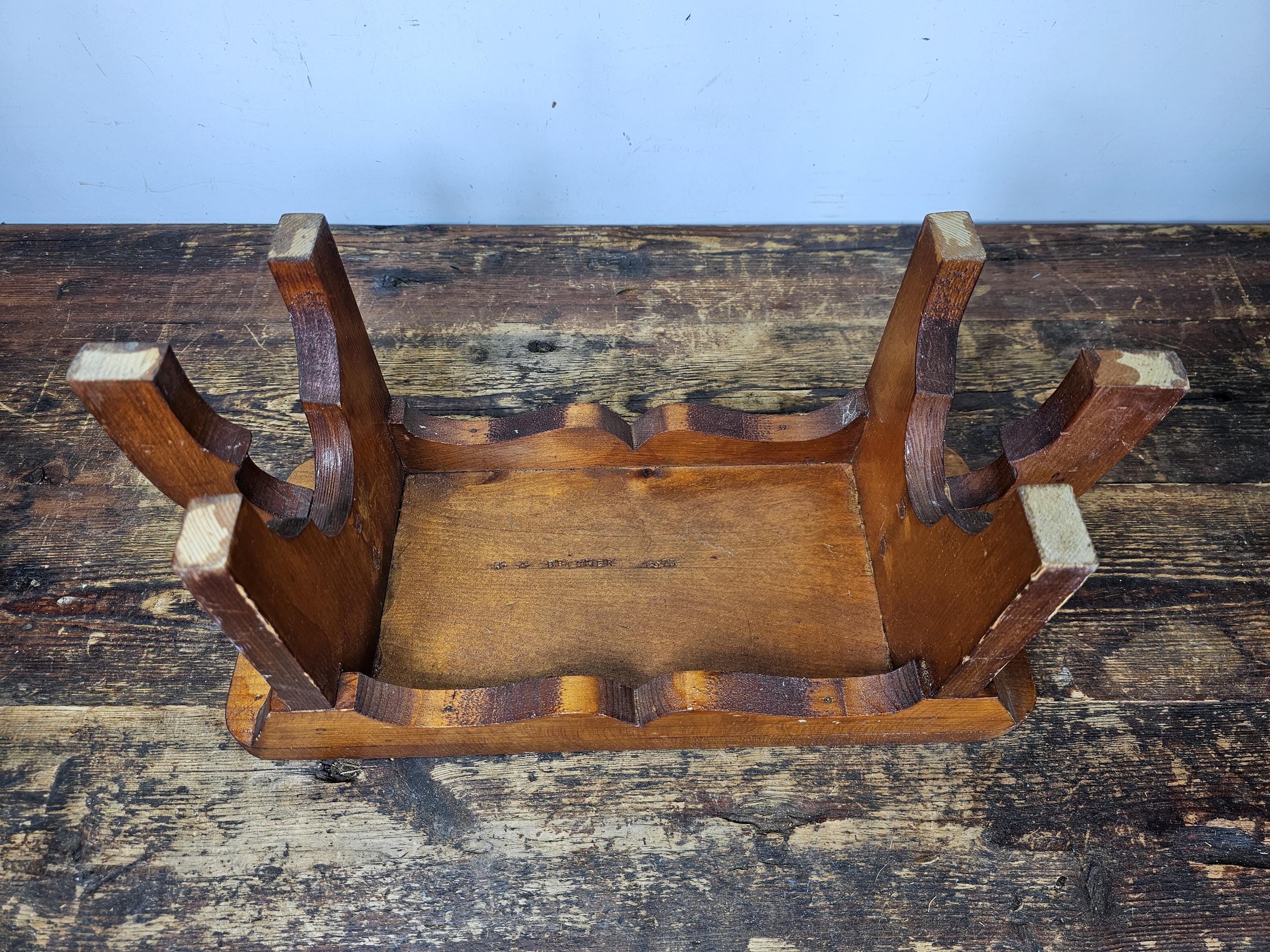 Vintage Arts and Crafts Style Handmade Vernacular Boarded Stool Signed 1970s