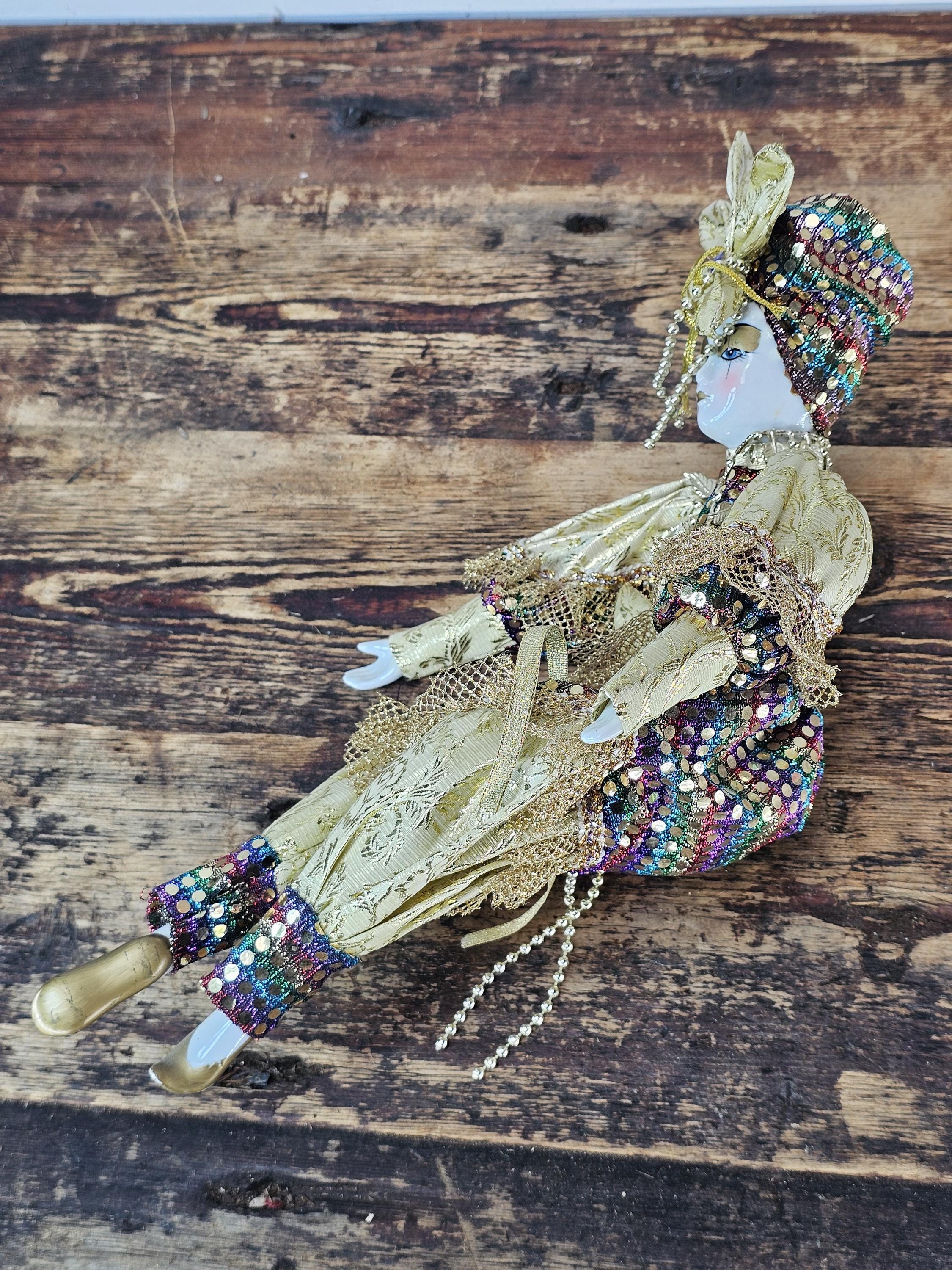 Mardi Gras Porcelain Jester Seated Doll 14"