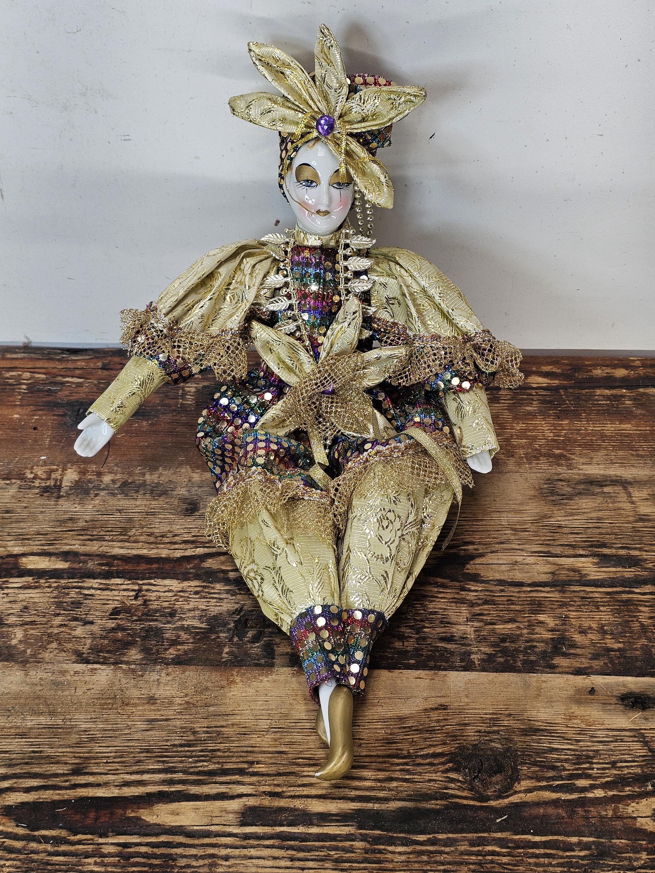 Mardi Gras Porcelain Jester Seated Doll 14"