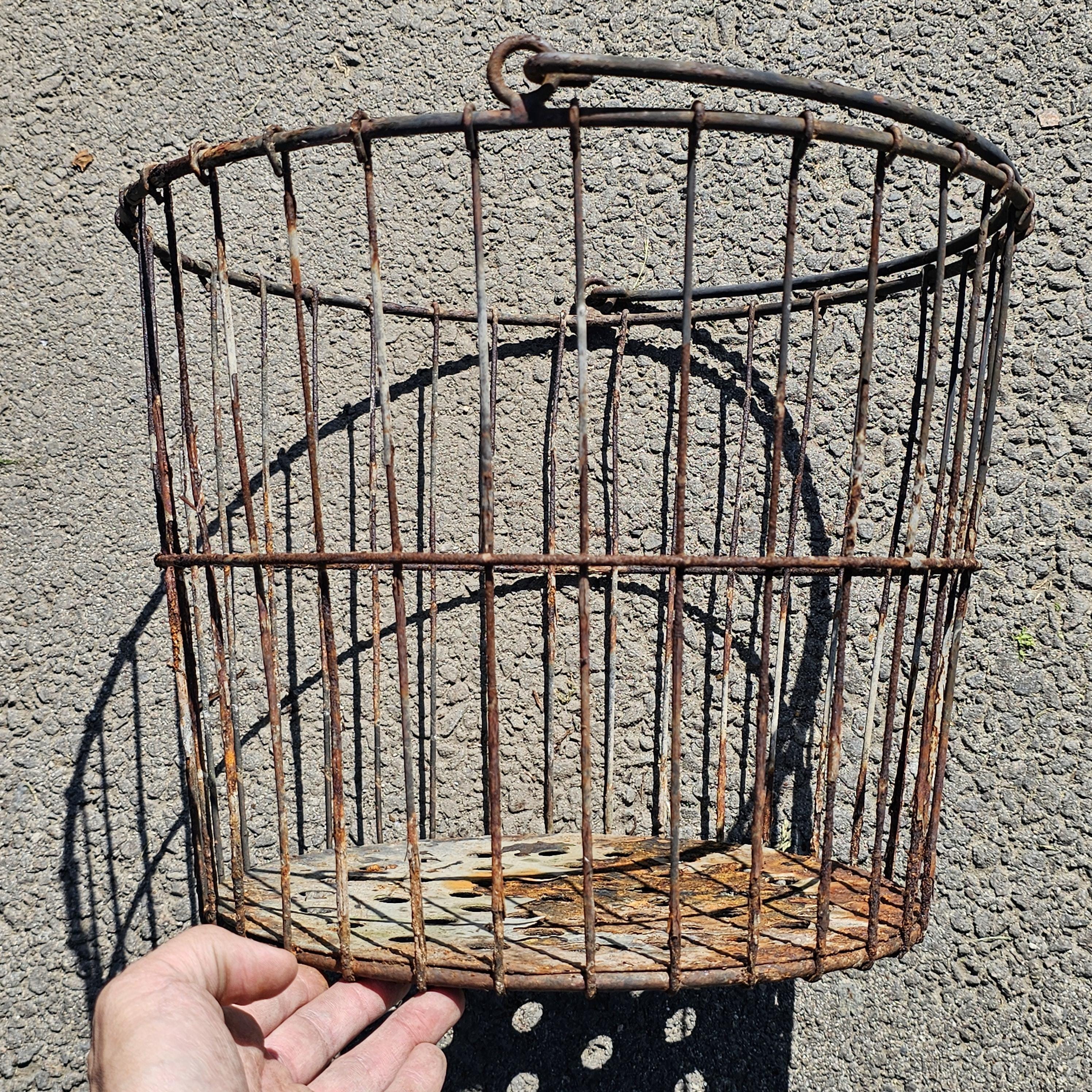 Vintage Rusty Wire Gathering Basket with Perforated Metal Base 15"Diam x 12"H